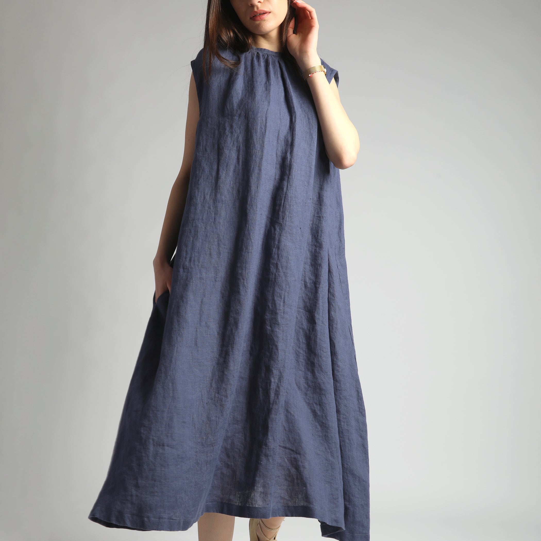 VIVA Midi Flared Linen Dress with Gathered Neck