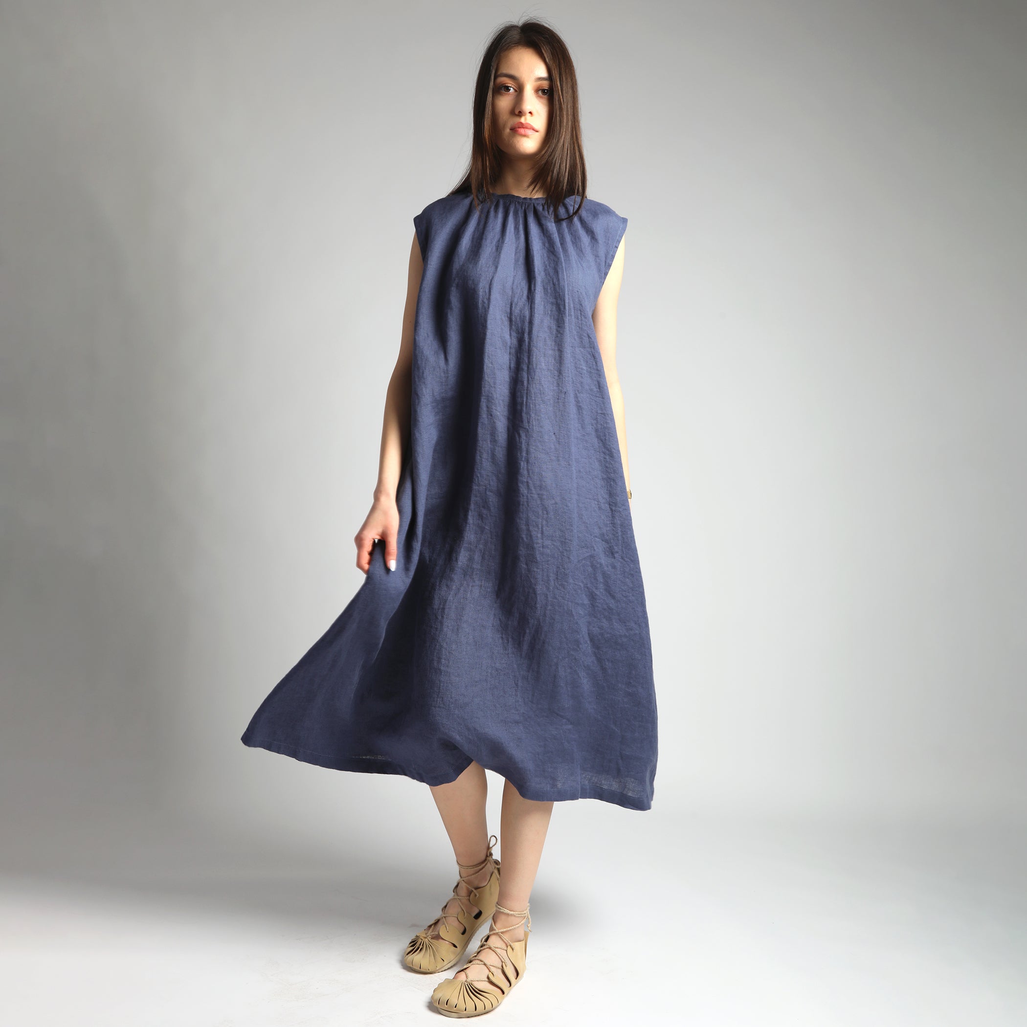 VIVA Midi Flared Linen Dress with Gathered Neck