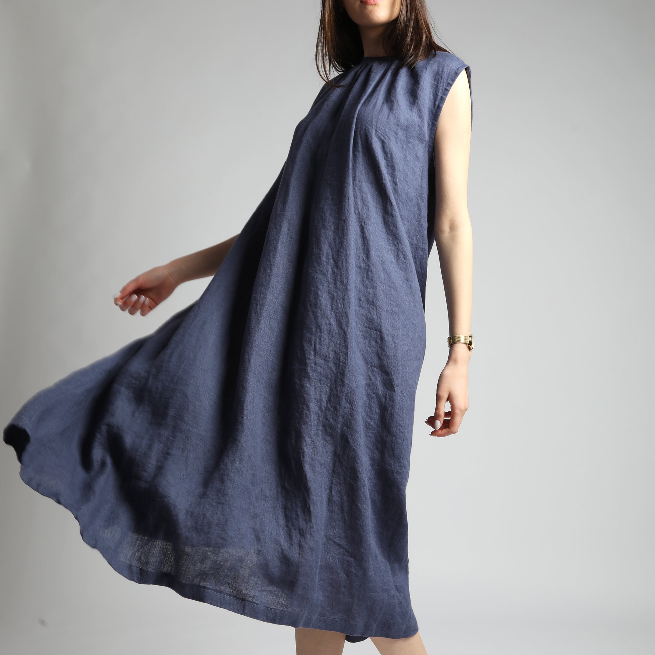 VIVA Midi Flared Linen Dress with Gathered Neck