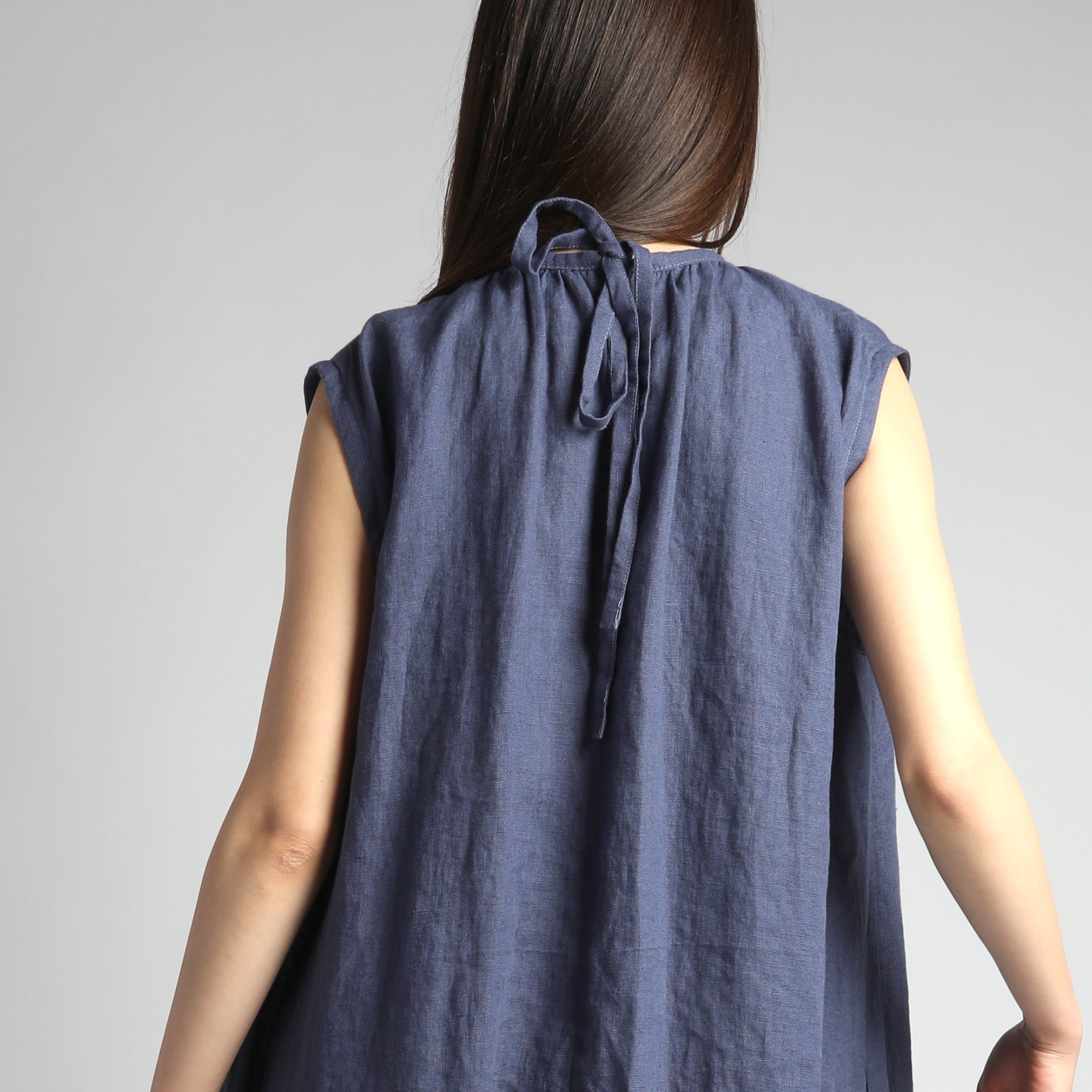 VIVA Midi Flared Linen Dress with Gathered Neck