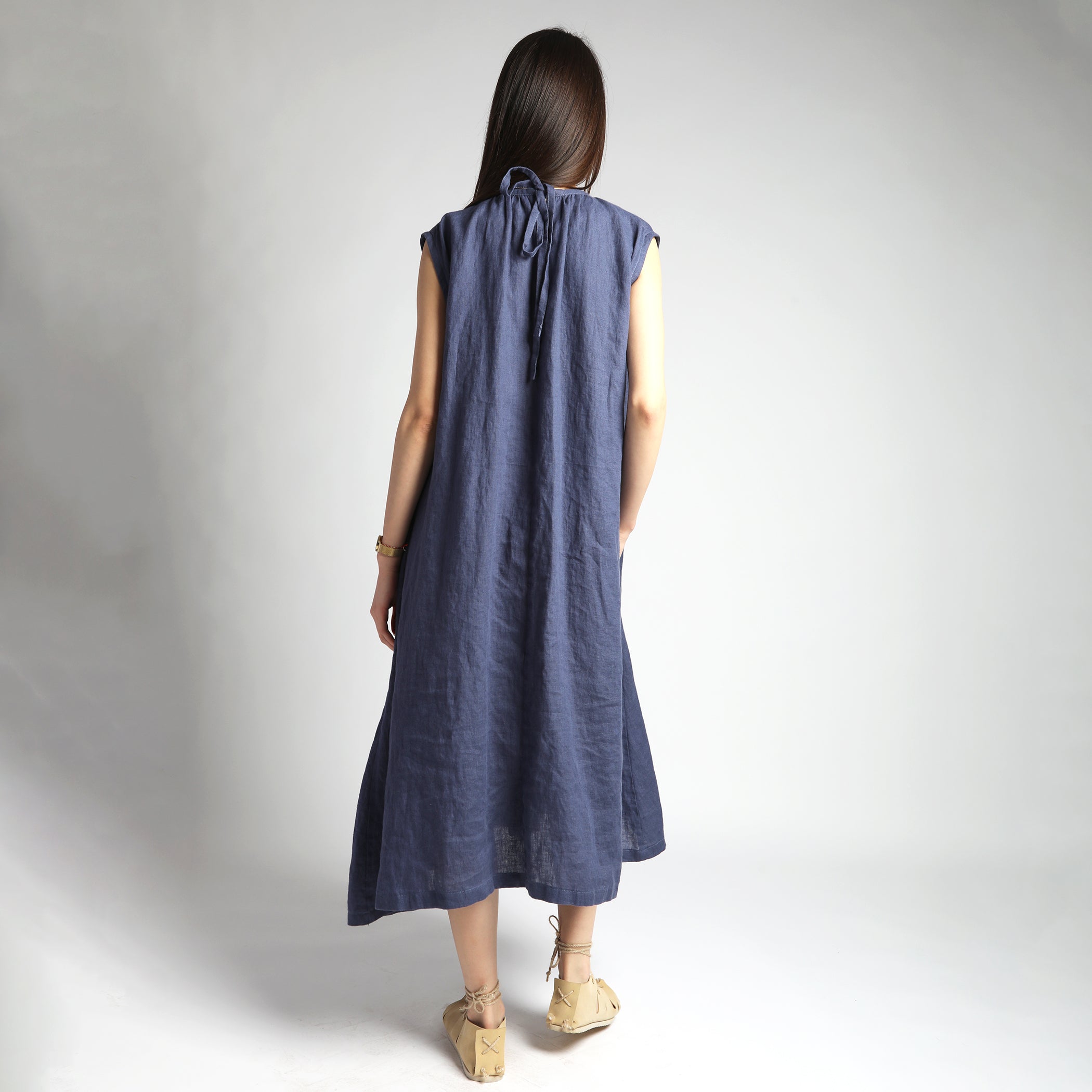VIVA Midi Flared Linen Dress with Gathered Neck