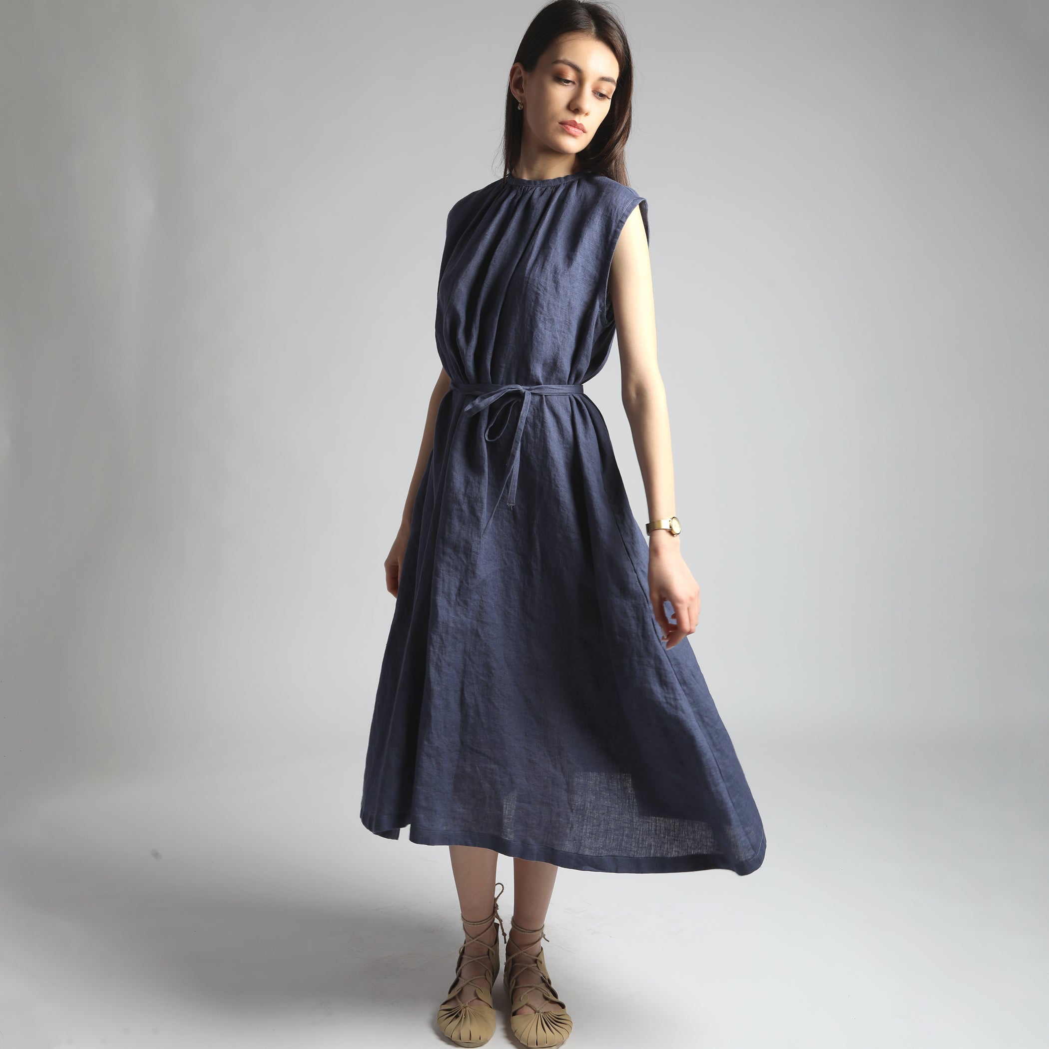 VIVA Midi Flared Linen Dress with Gathered Neck