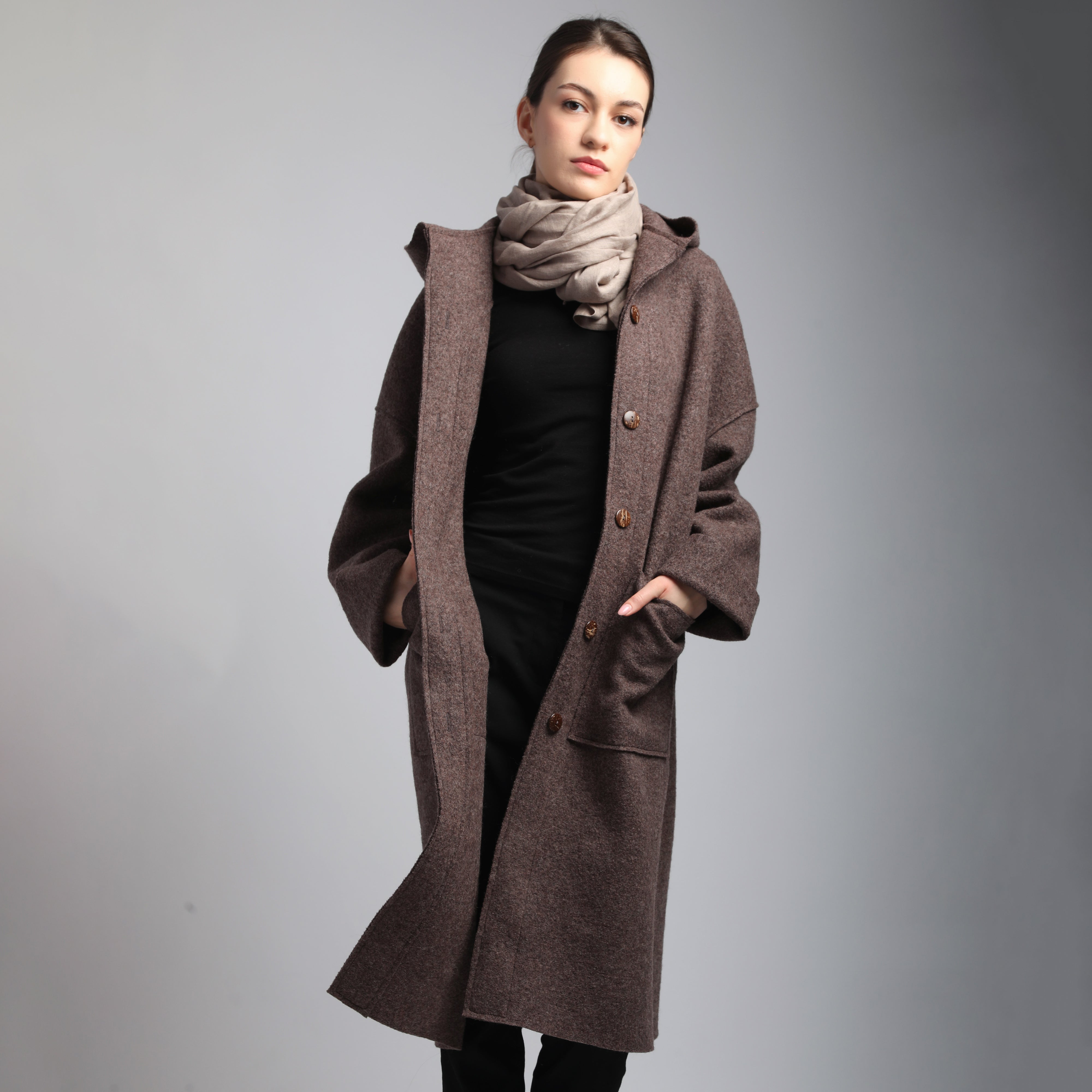 EDEN Midi Boiled Wool Coat with Hood | KNOTIUM
