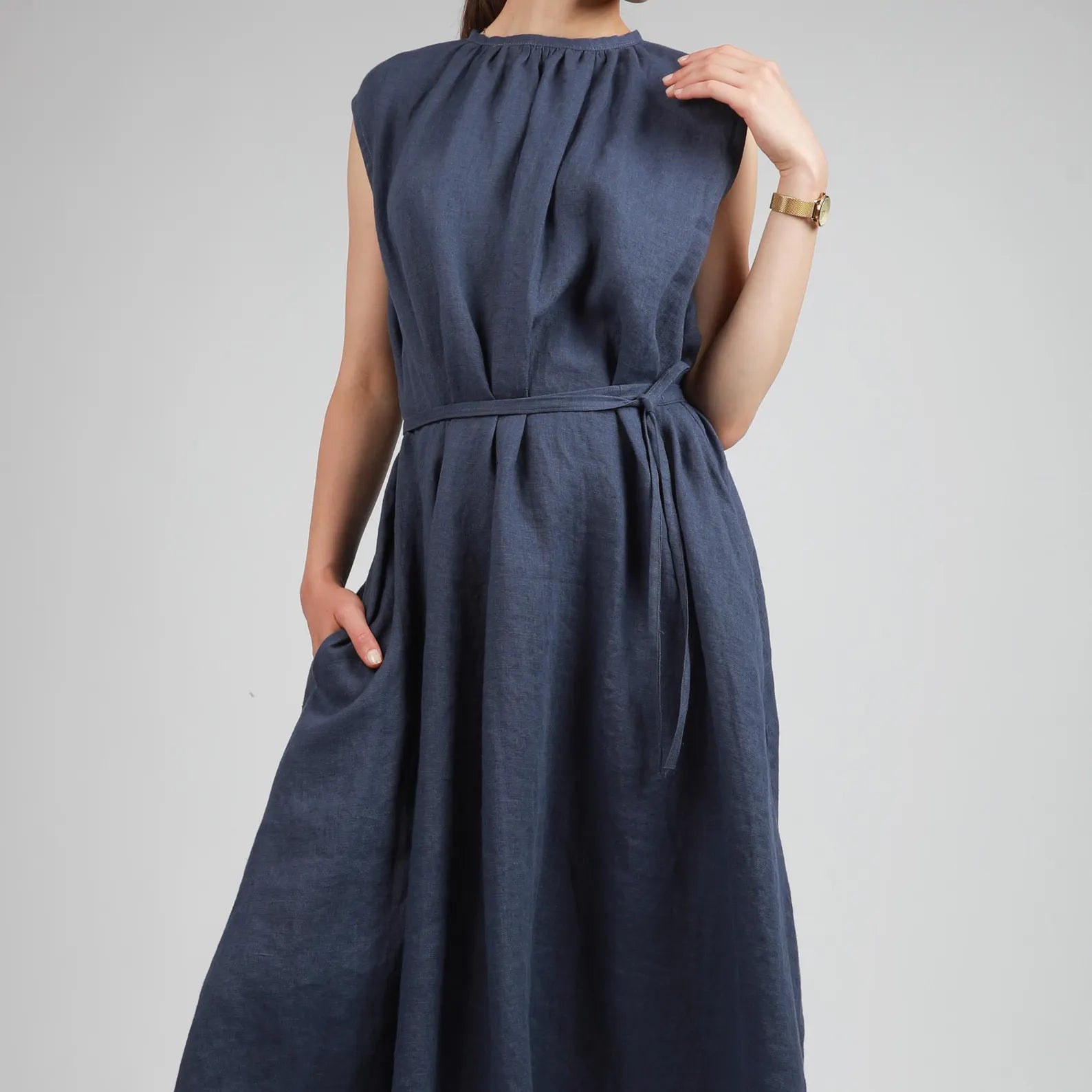 VIVA Midi Flared Linen Dress with Gathered Neck