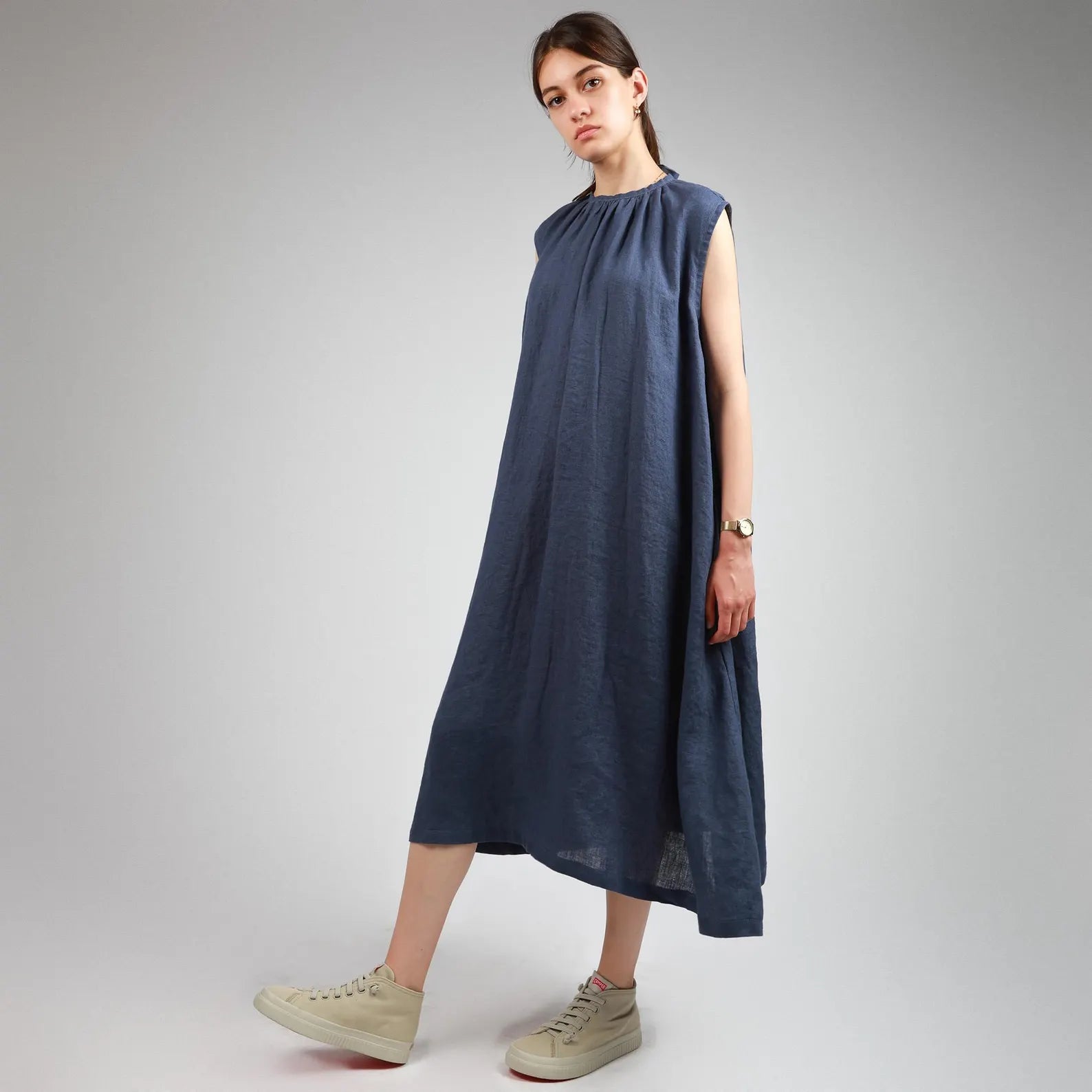 VIVA Midi Flared Linen Dress with Gathered Neck