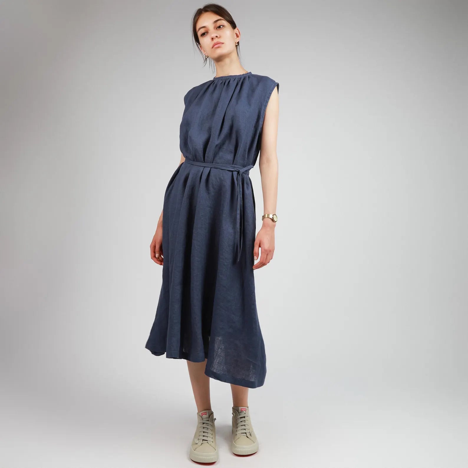 VIVA Midi Flared Linen Dress with Gathered Neck