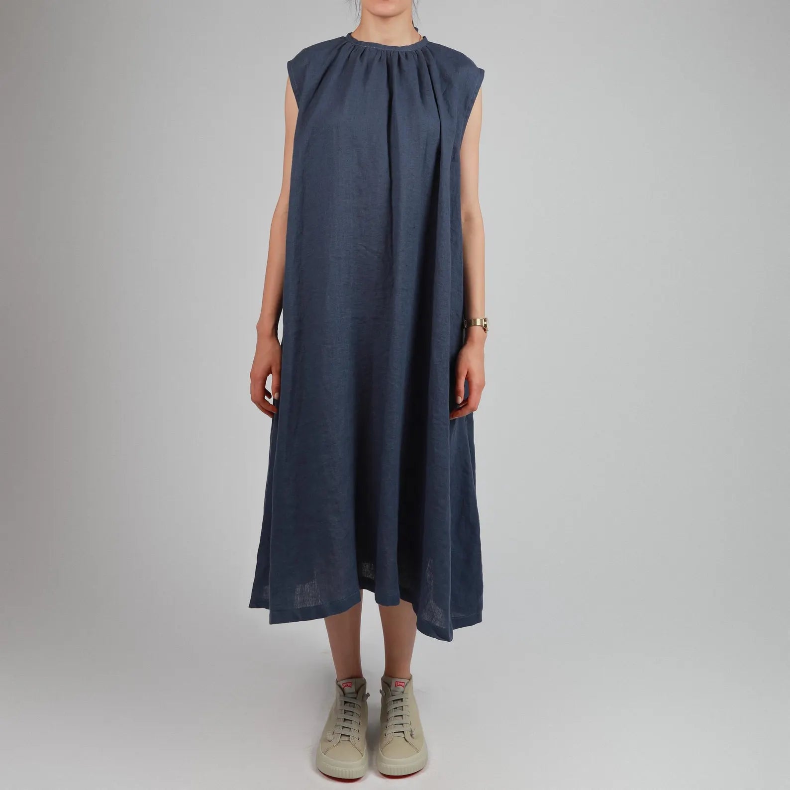 VIVA Midi Flared Linen Dress with Gathered Neck