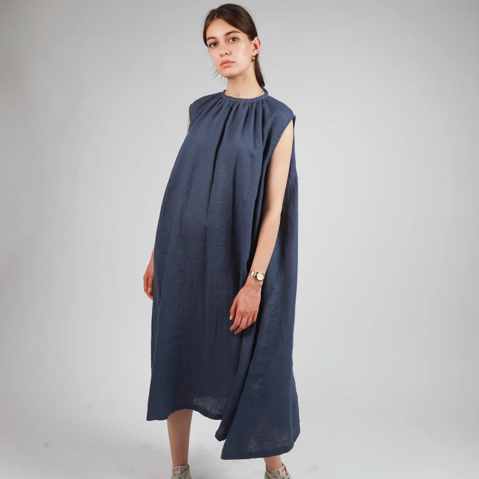 VIVA Midi Flared Linen Dress with Gathered Neck