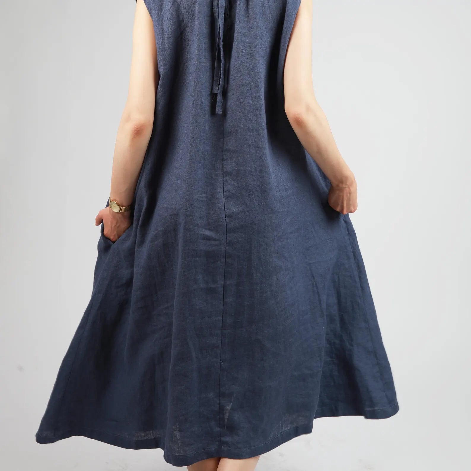 VIVA Midi Flared Linen Dress with Gathered Neck