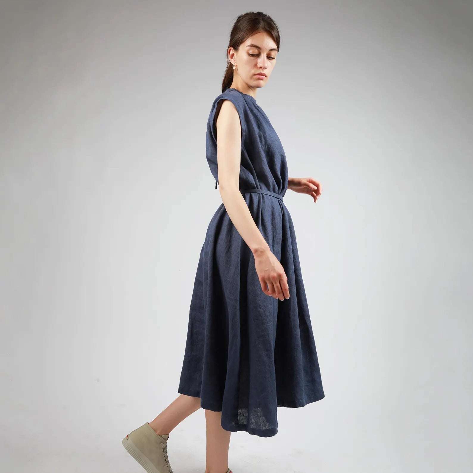 VIVA Midi Flared Linen Dress with Gathered Neck