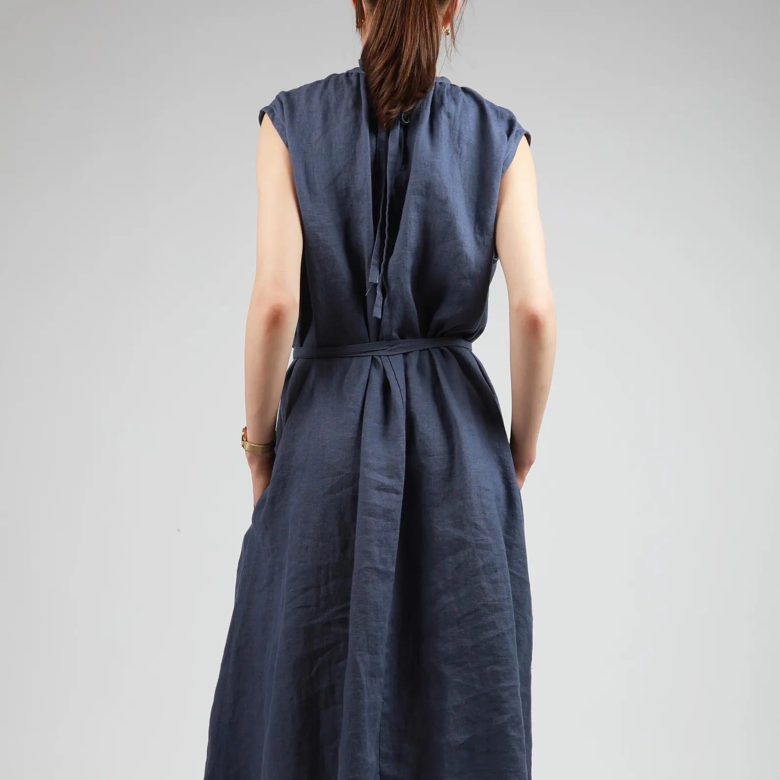 VIVA Midi Flared Linen Dress with Gathered Neck