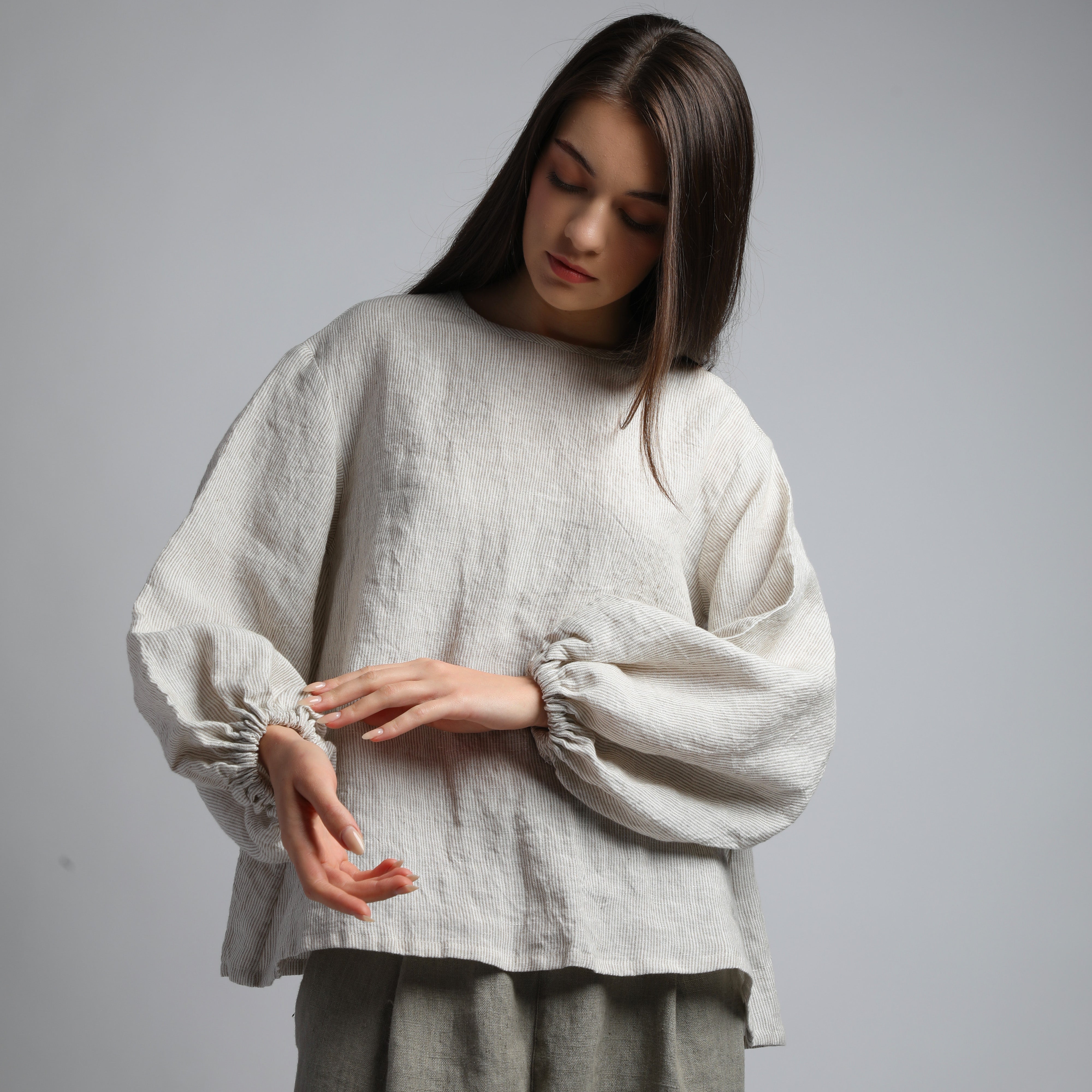 YELLO Puff Sleeve Flared Linen Shirt - Sizes XS, S - Color BEIGE STRIPES