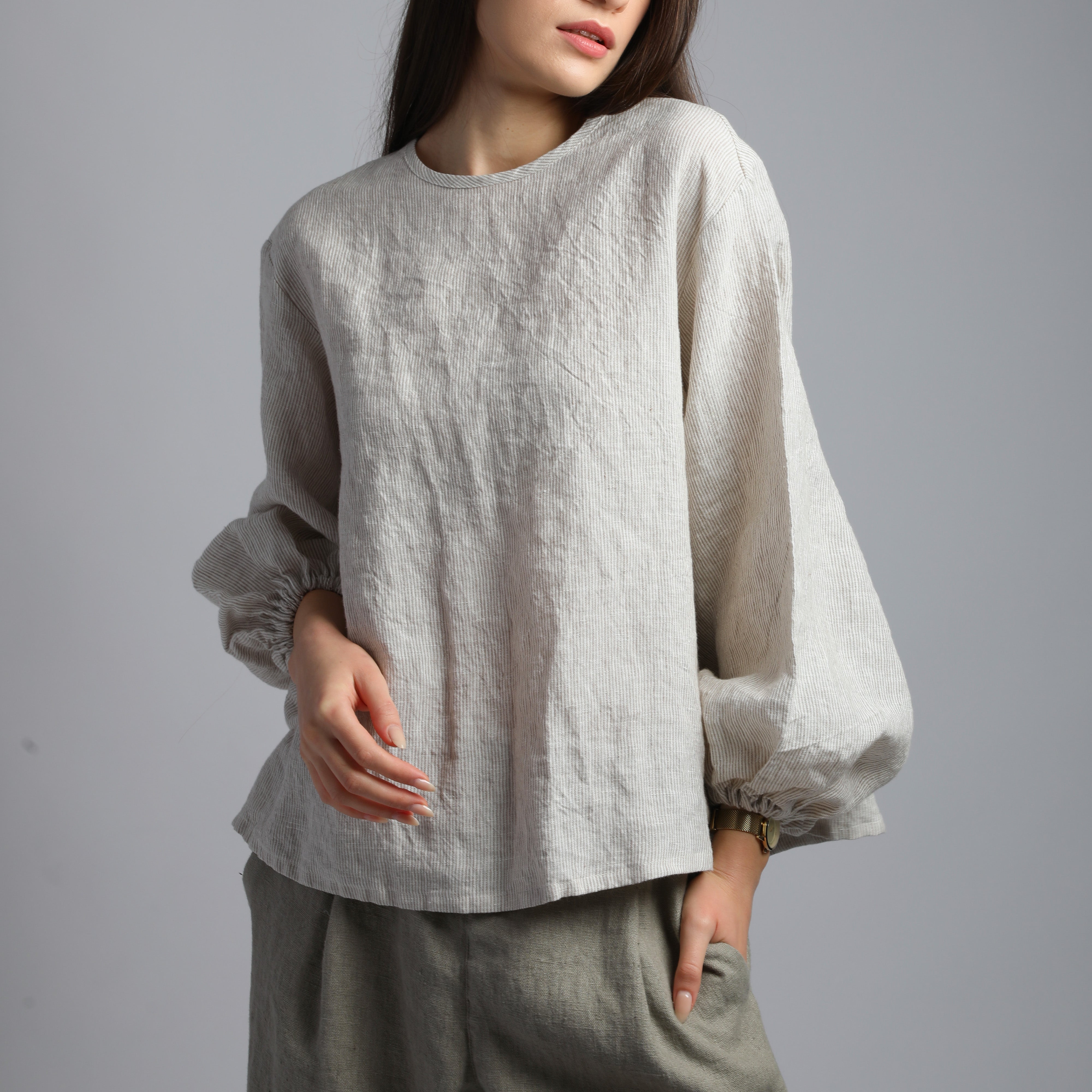 YELLO Puff Sleeve Flared Linen Shirt - Sizes XS, S - Color BEIGE STRIPES