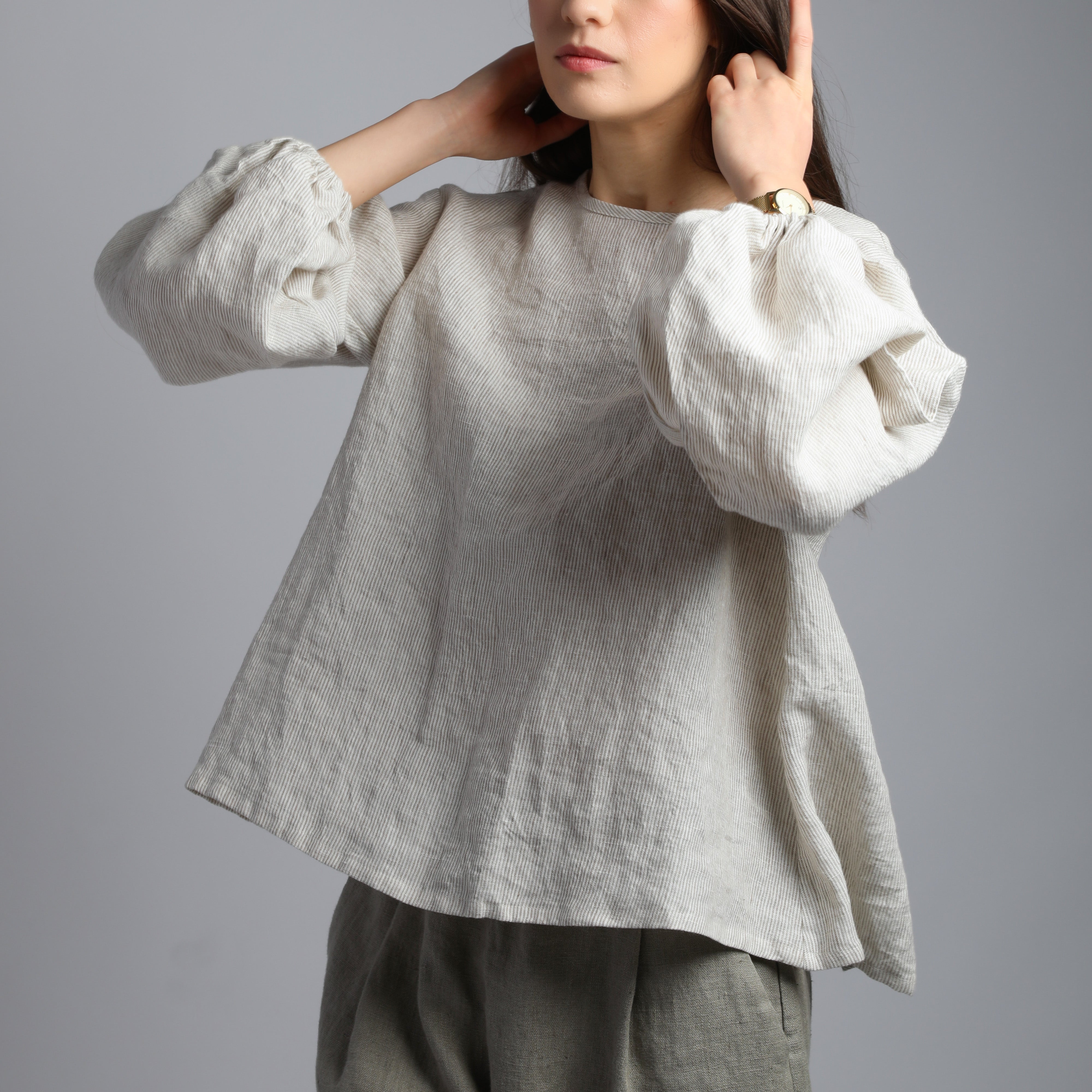 YELLO Puff Sleeve Flared Linen Shirt - Sizes XS, S - Color BEIGE STRIPES