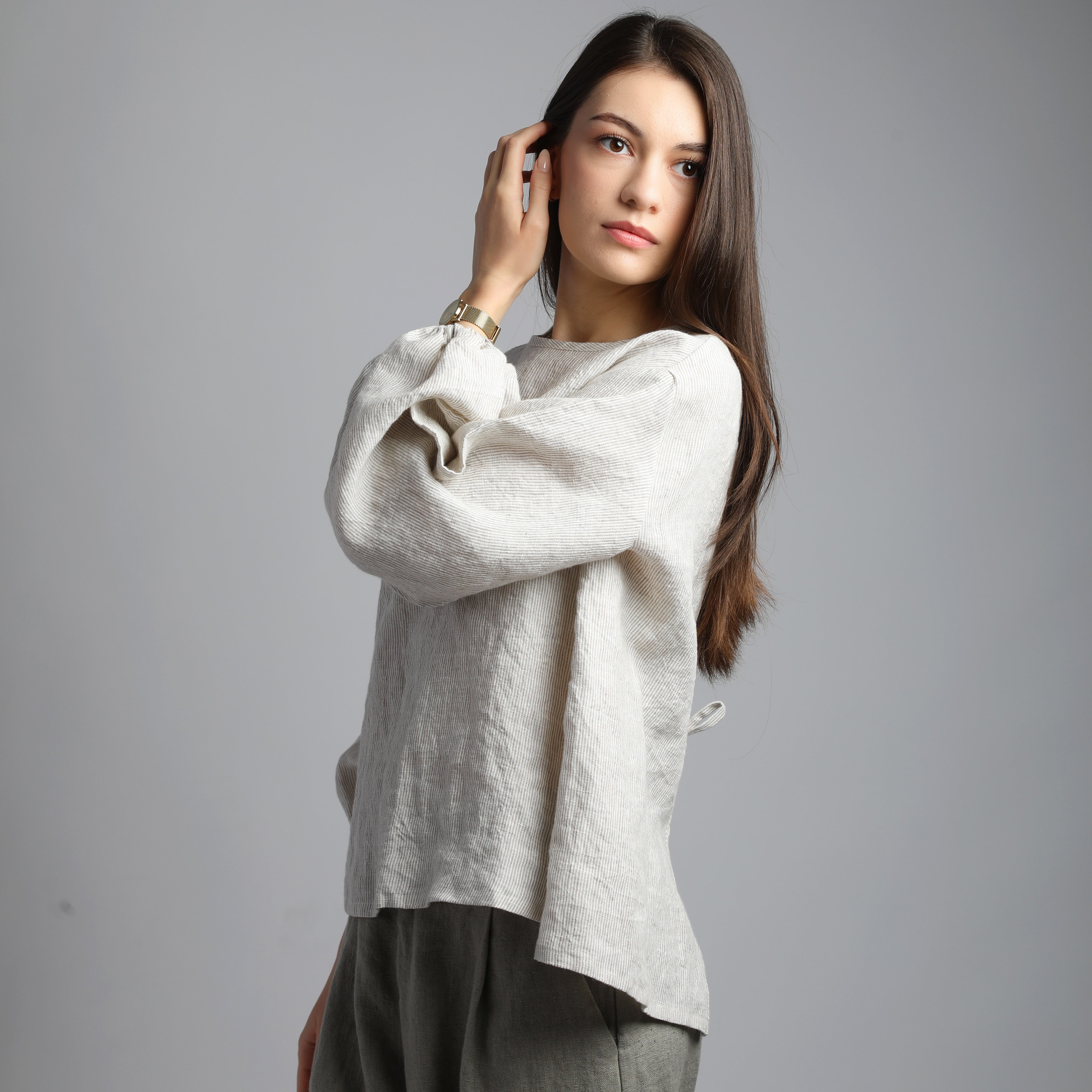 YELLO Puff Sleeve Flared Linen Shirt