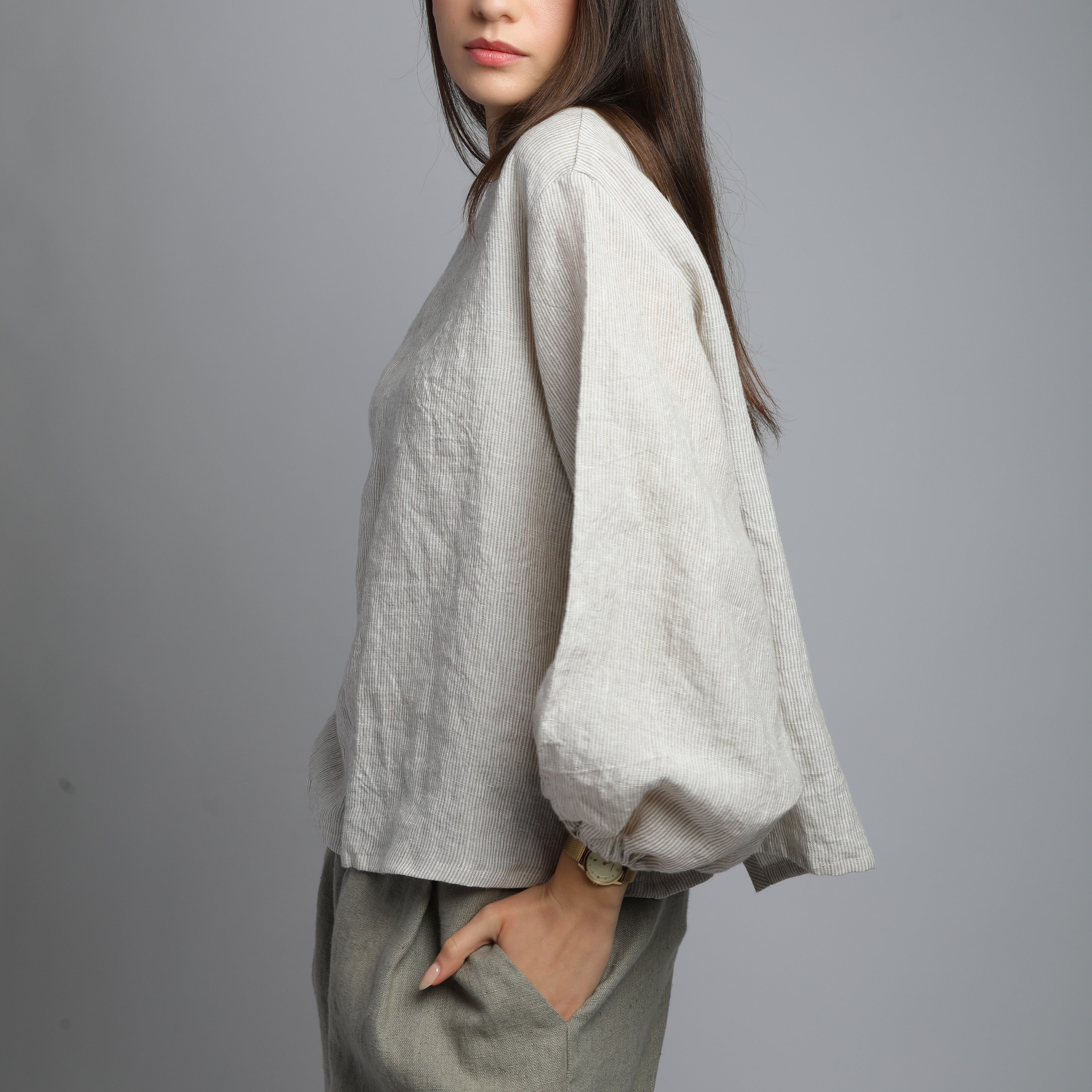 YELLO Puff Sleeve Flared Linen Shirt - Sizes XS, S - Color BEIGE STRIPES