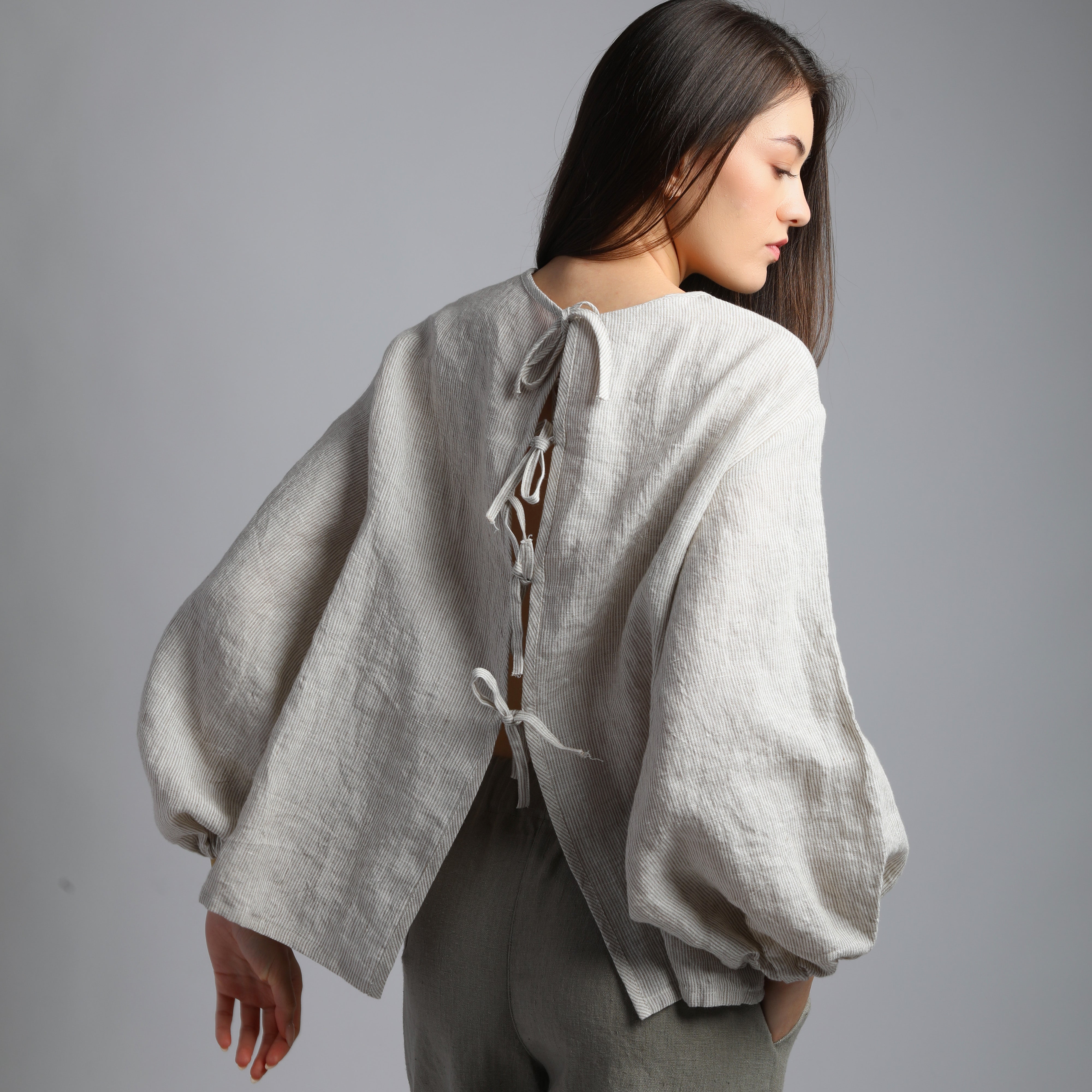 YELLO Puff Sleeve Flared Linen Shirt - Sizes XS, S - Color BEIGE STRIPES
