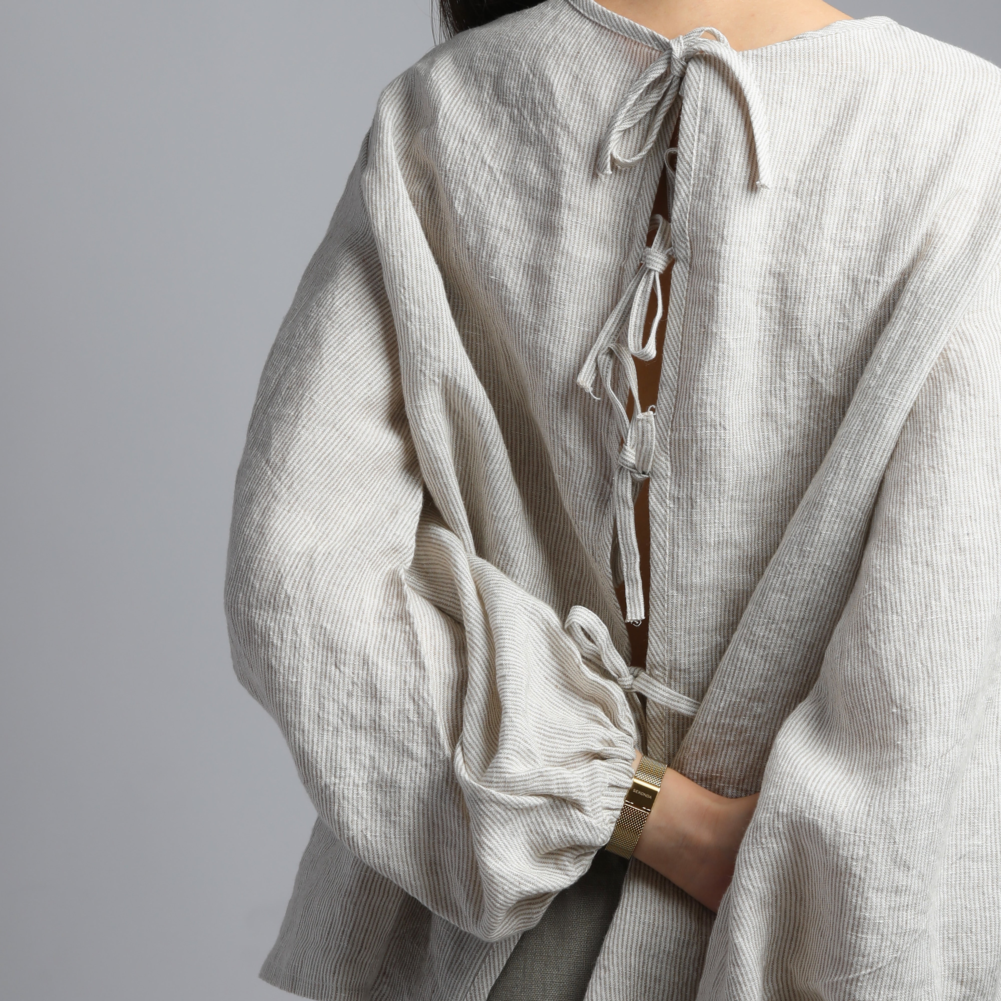 YELLO Puff Sleeve Flared Linen Shirt - Sizes XS, S - Color BEIGE STRIPES