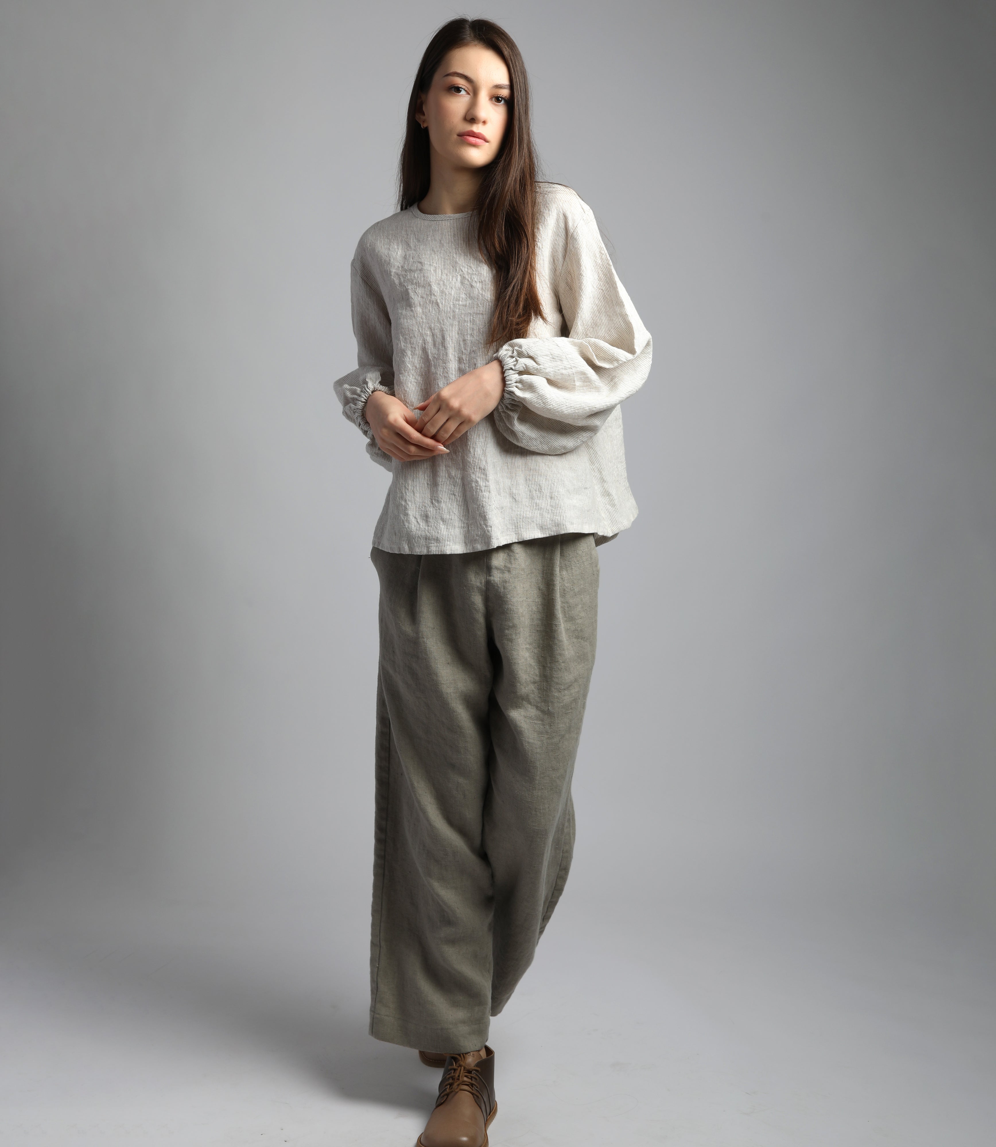 YELLO Puff Sleeve Flared Linen Shirt