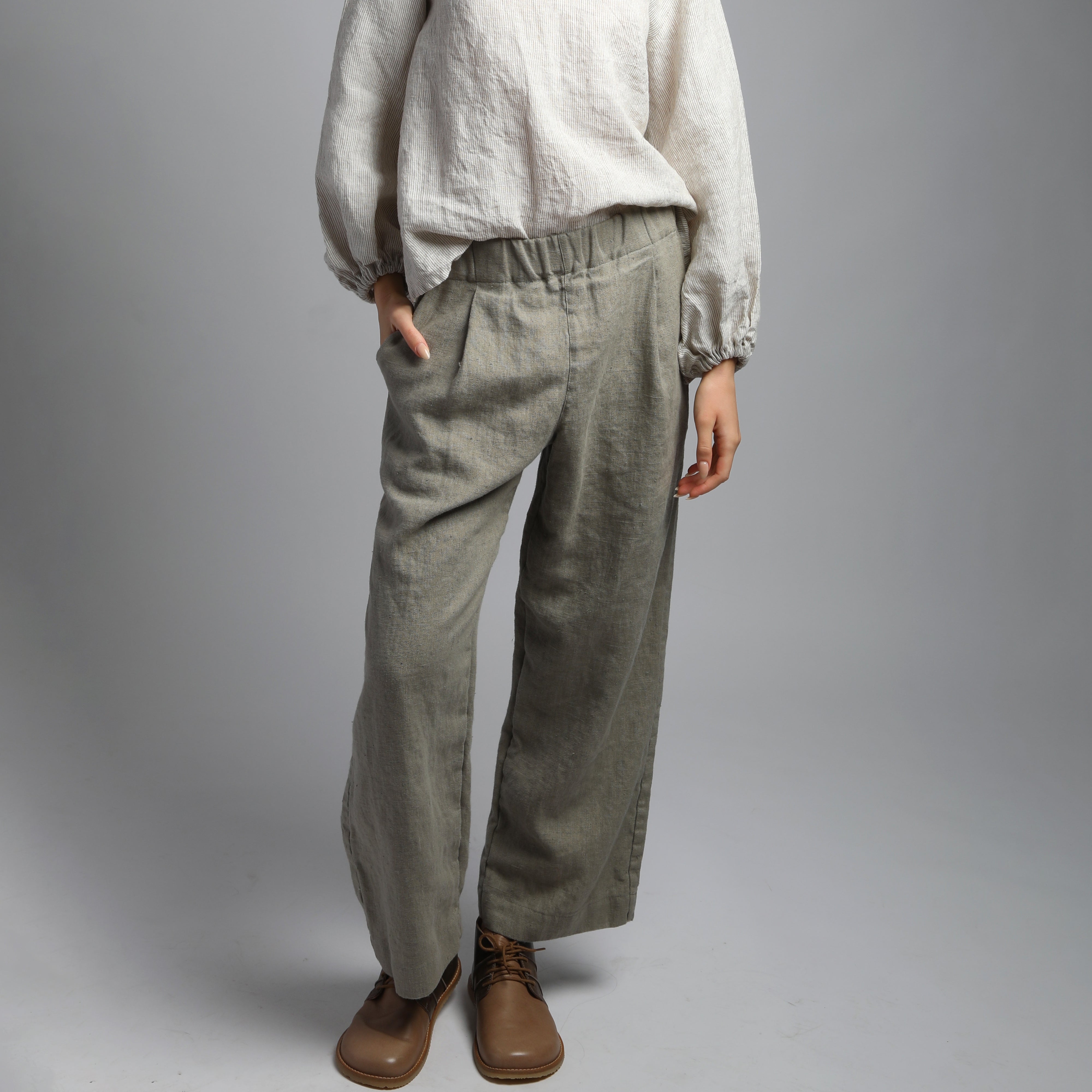 PEPPER Relaxed Ankle Linen Pants - Size XS - Color LIGHT OLIVE HEAVY