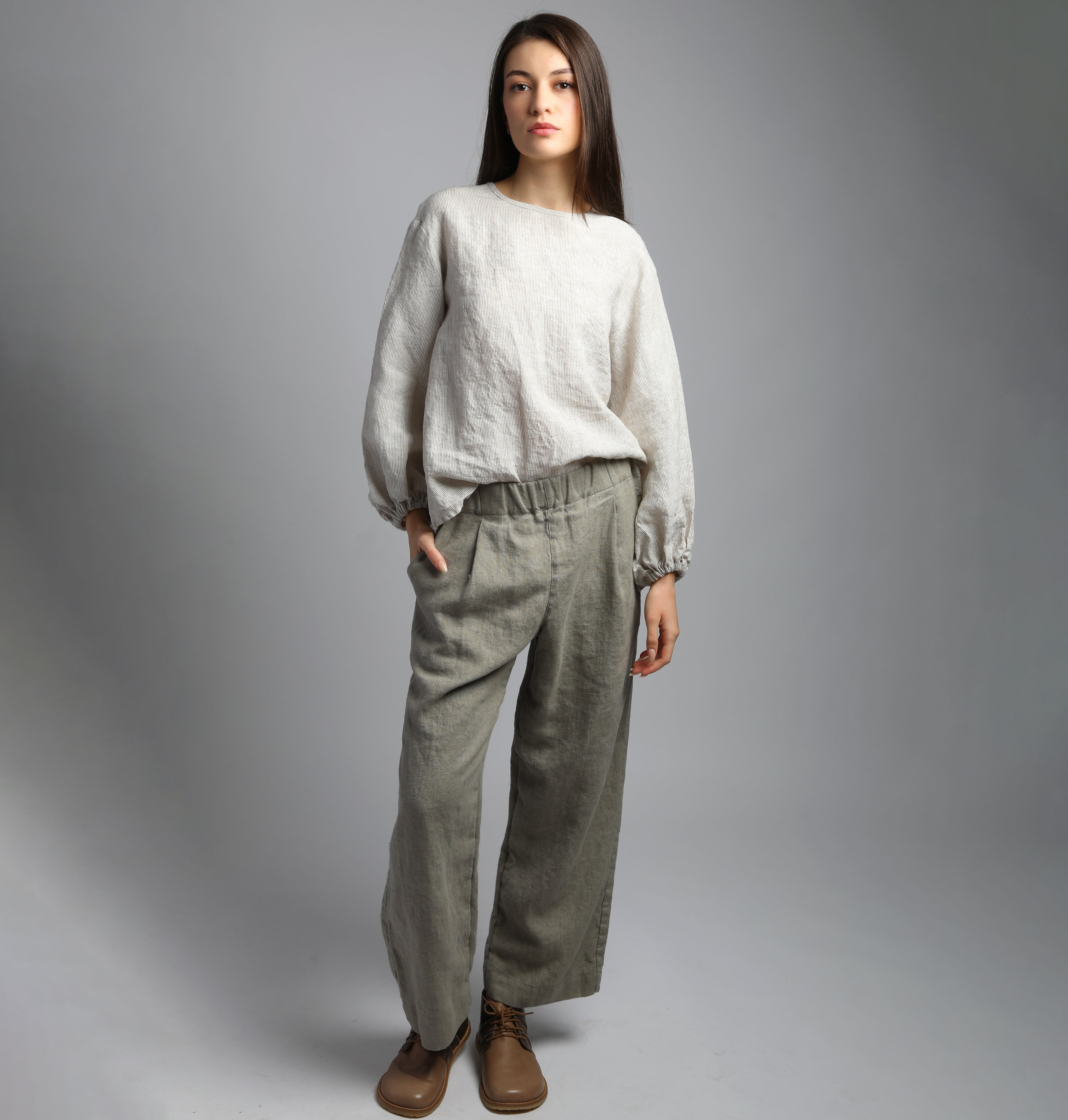 PEPPER Relaxed Ankle Linen Pants - Size XS - Color LIGHT OLIVE HEAVY