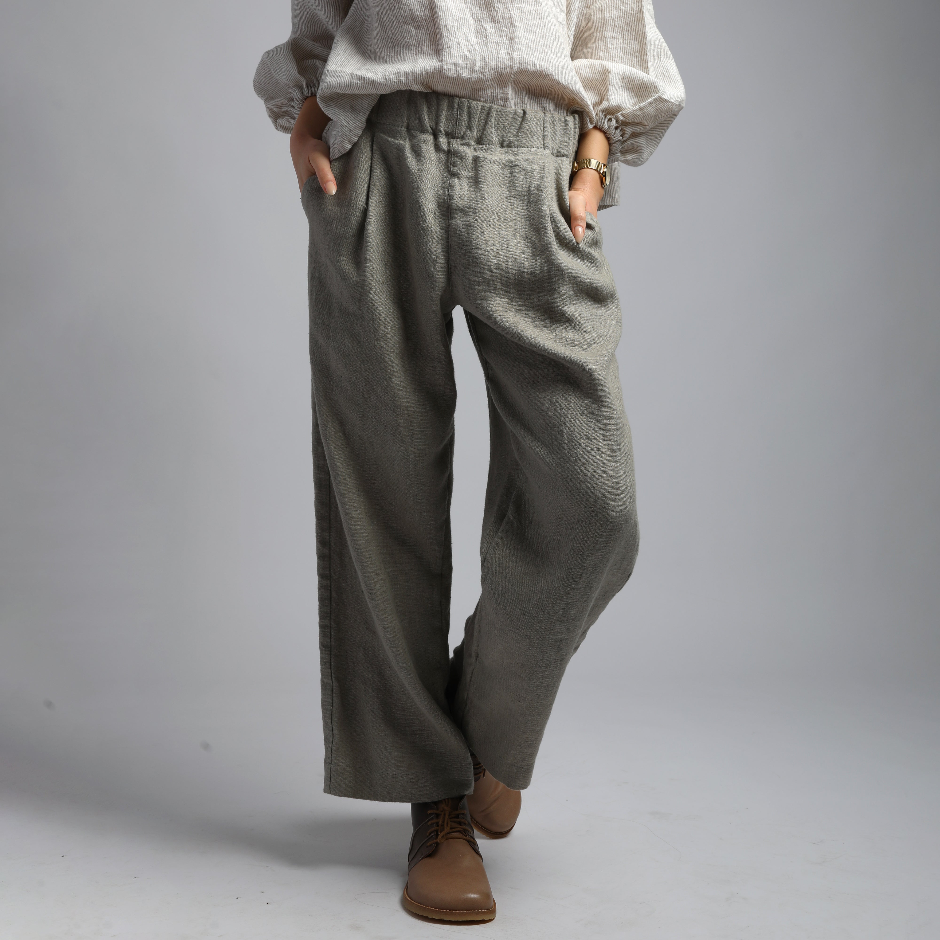 PEPPER Relaxed Ankle Linen Pants - Size XS - Color LIGHT OLIVE HEAVY
