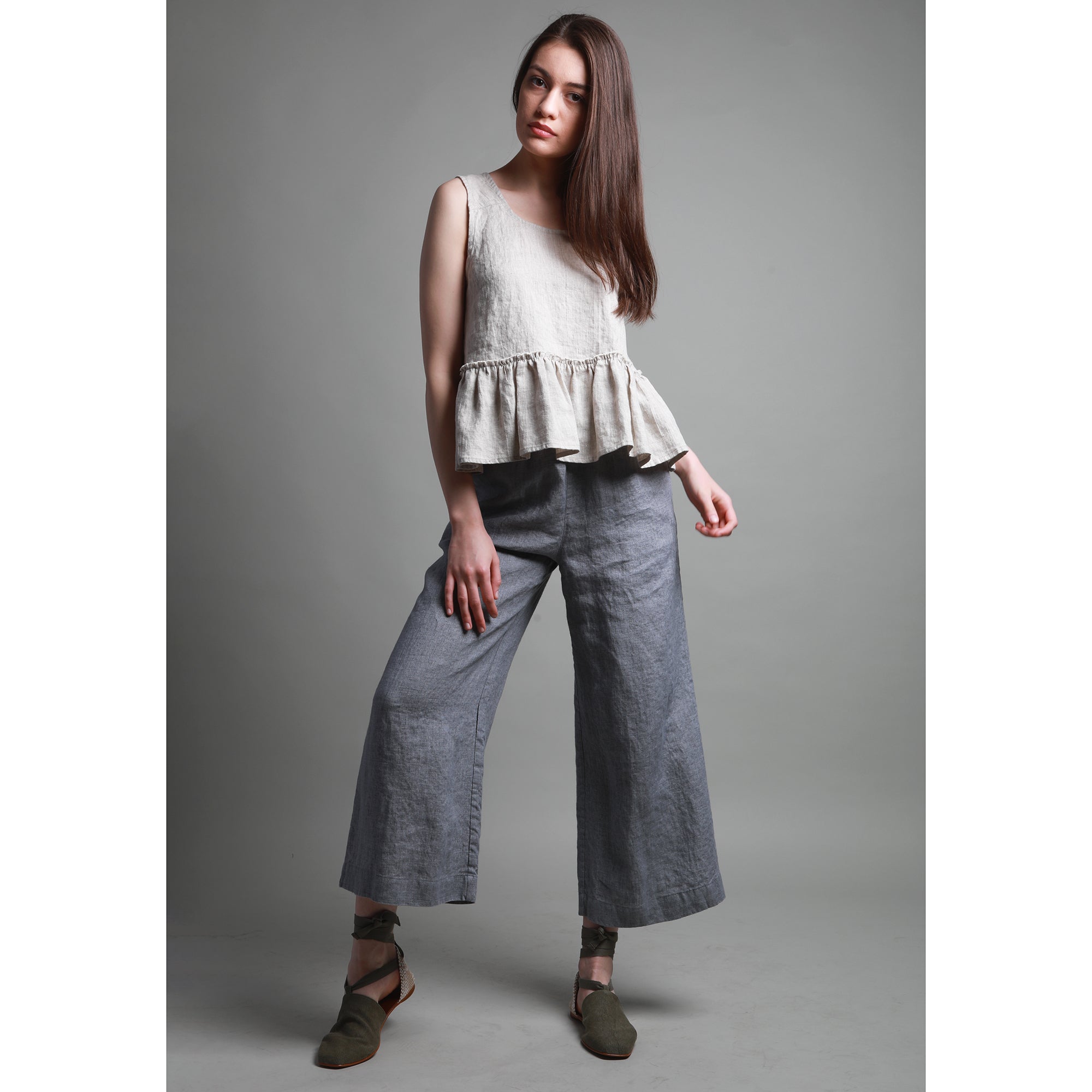 FOREVER Straight Ankle Linen Pants, Size L, Color BLACK STRIPES