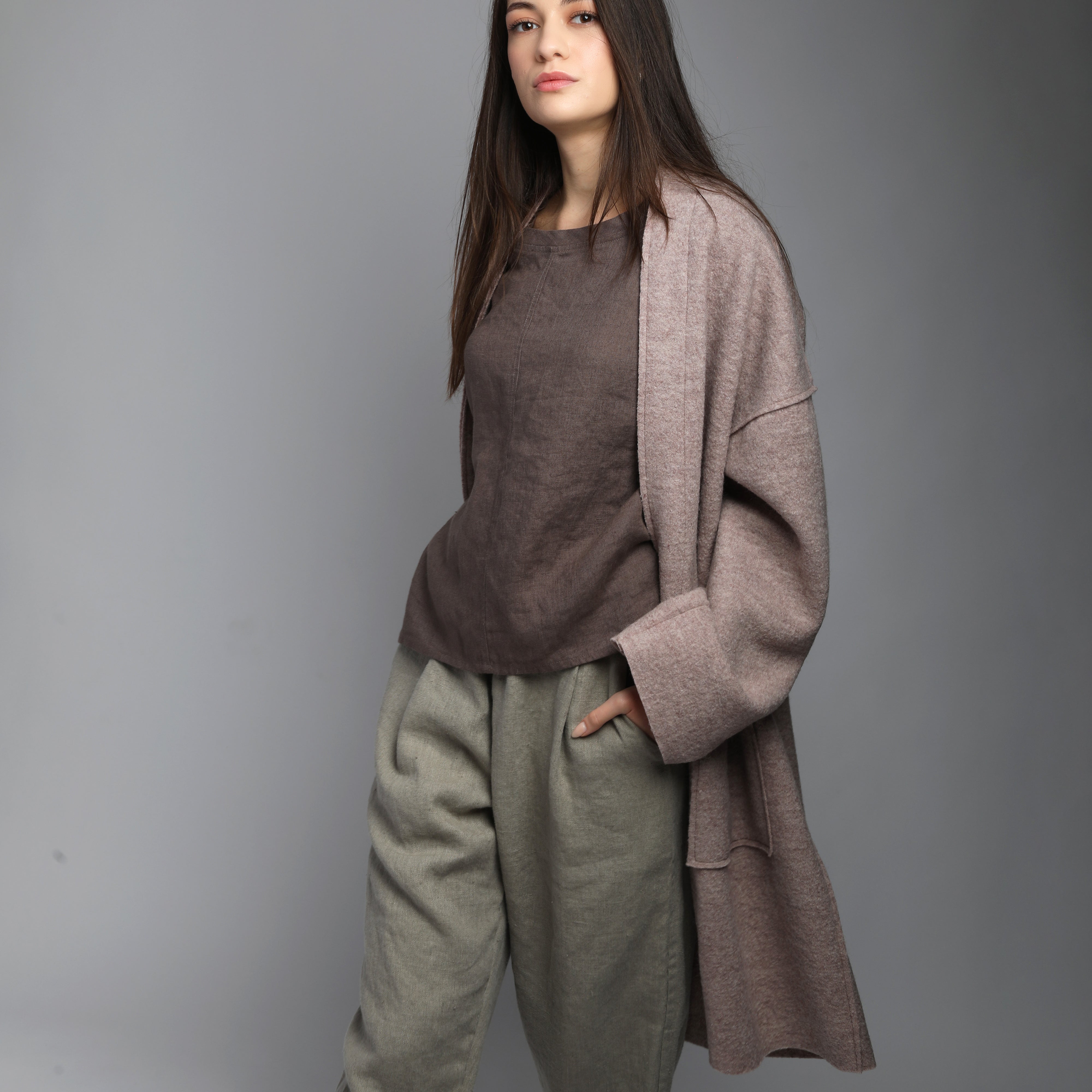 HAZEL Collarless Unlined Longline Boiled Wool Coat