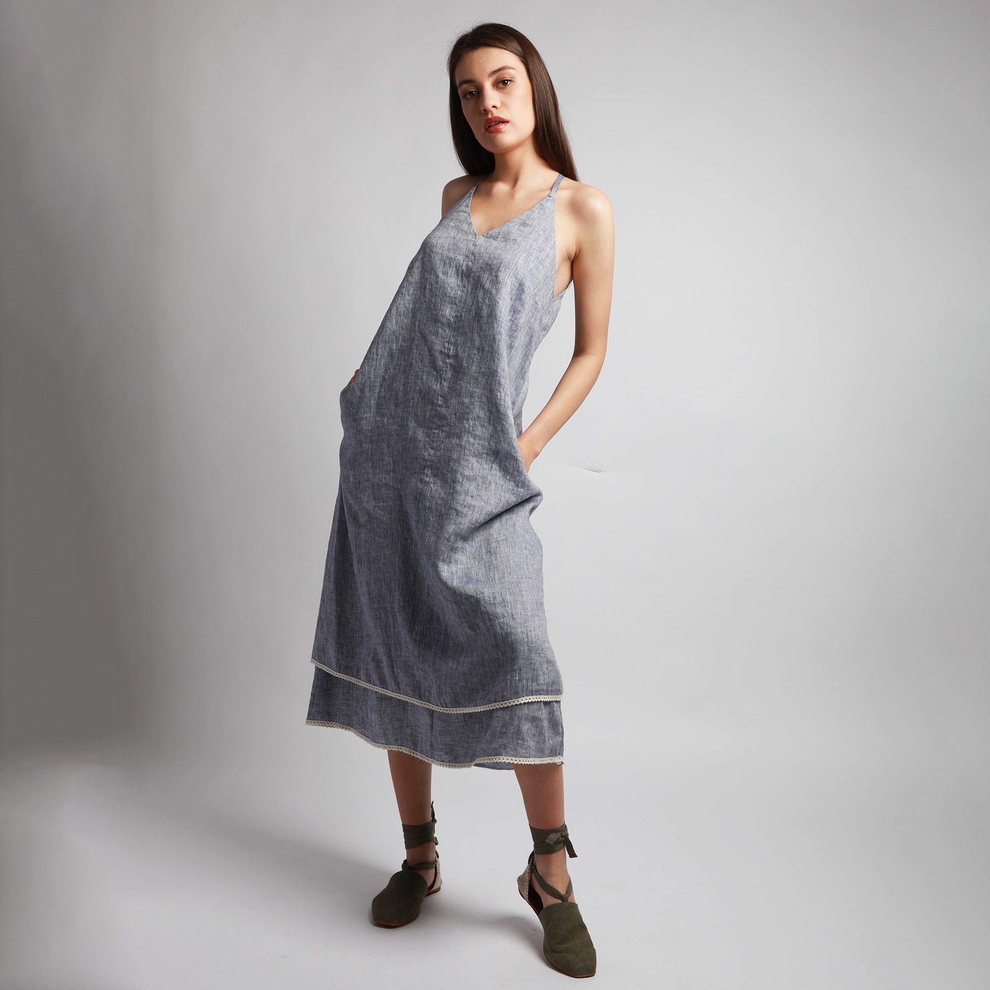 SIERRA Double Layered Open Back Linen Dress, Size XS, Color BLUE MELANGE