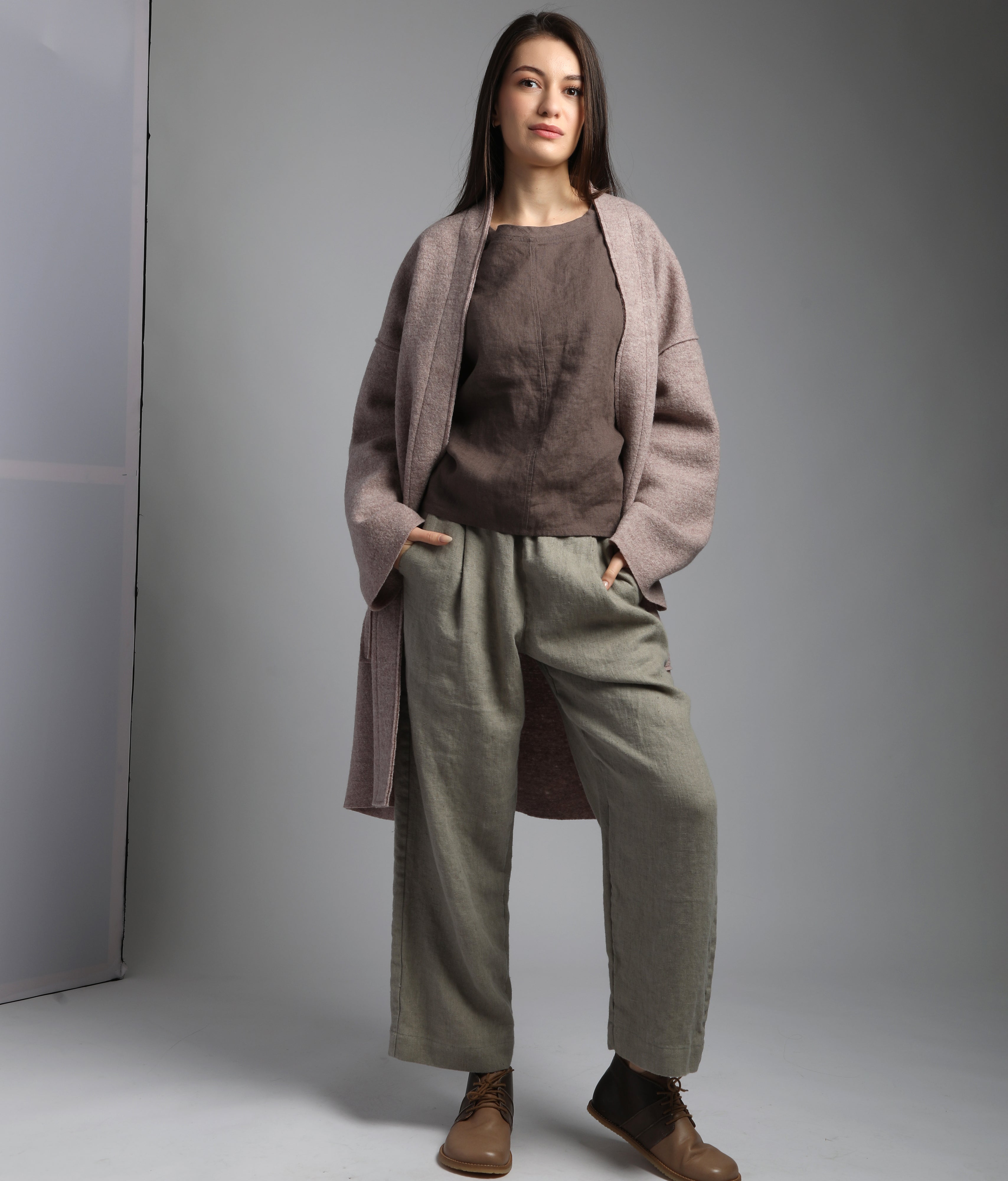 HAZEL Collarless Unlined Longline Boiled Wool Coat