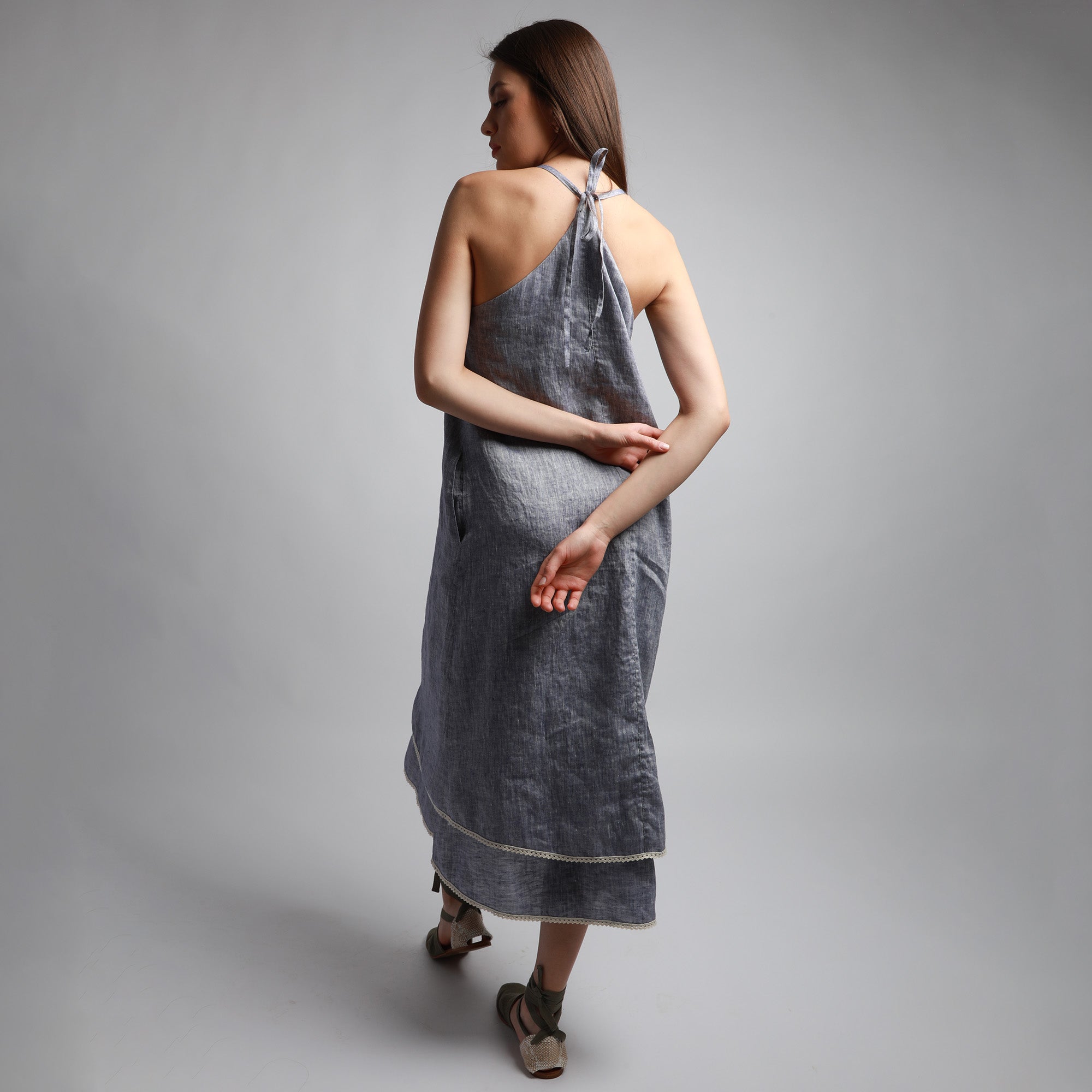 SIERRA Double Layered Open Back Linen Dress, Size XS, Color BLUE MELANGE