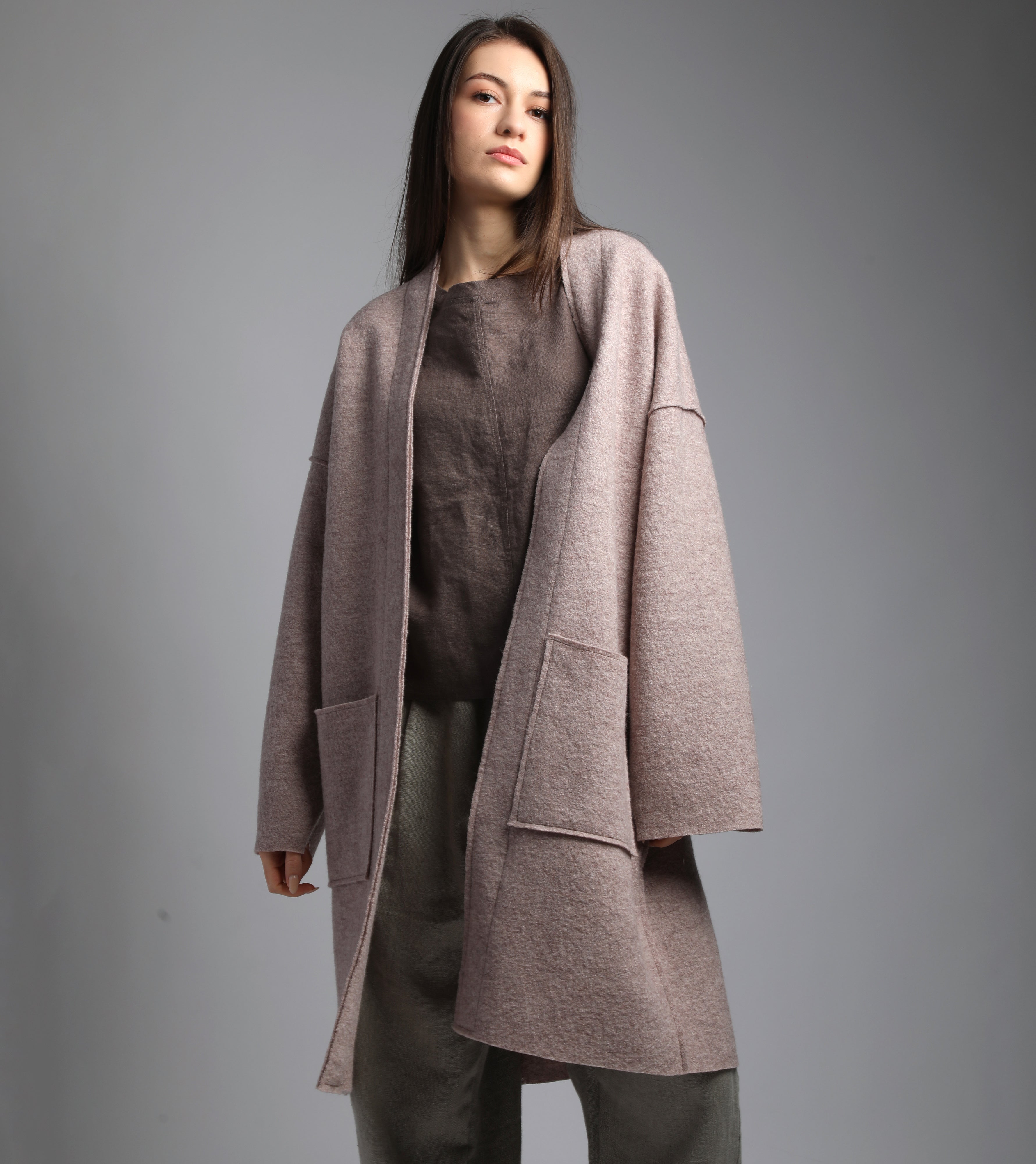 HAZEL Collarless Unlined Longline Boiled Wool Coat