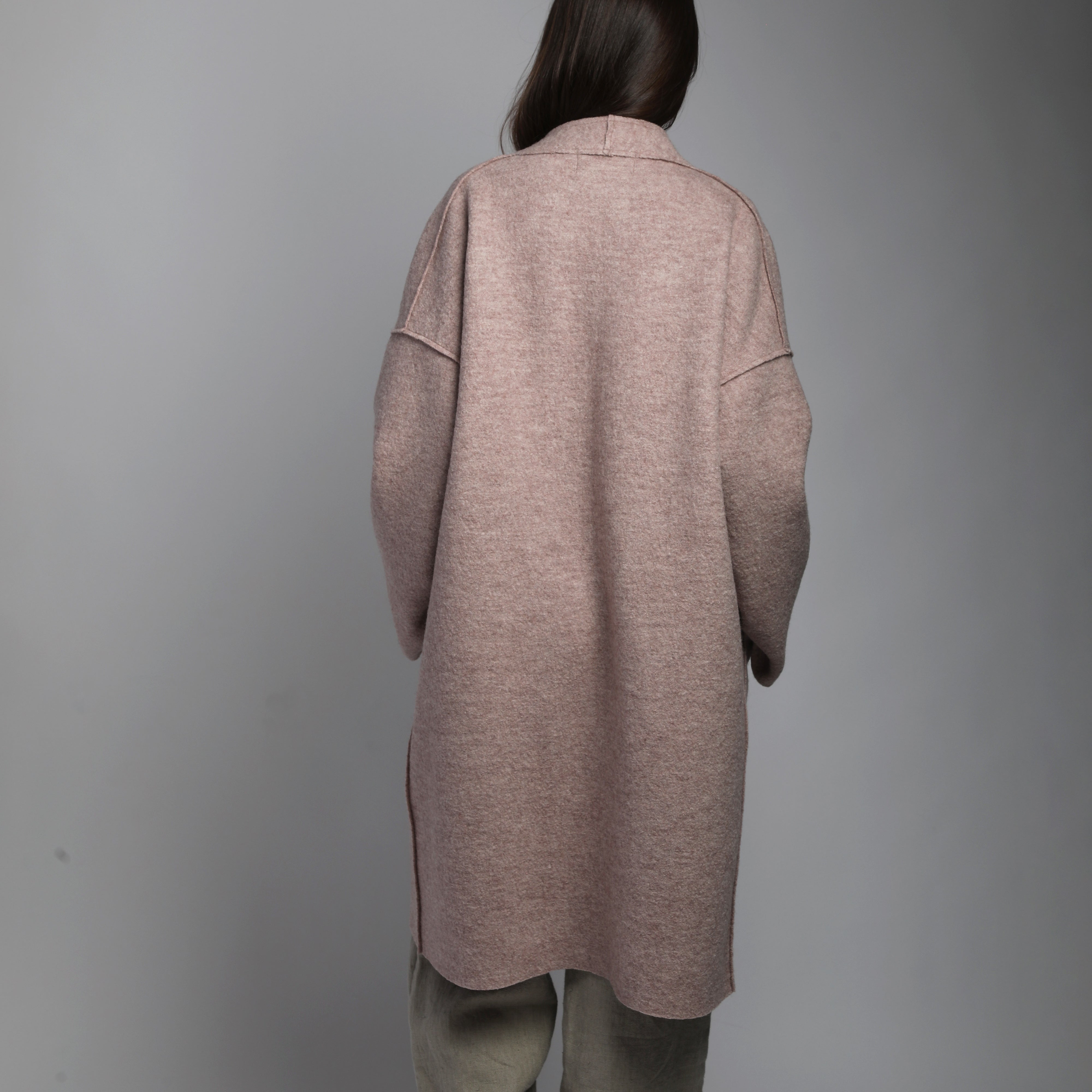 HAZEL Collarless Unlined Longline Boiled Wool Coat