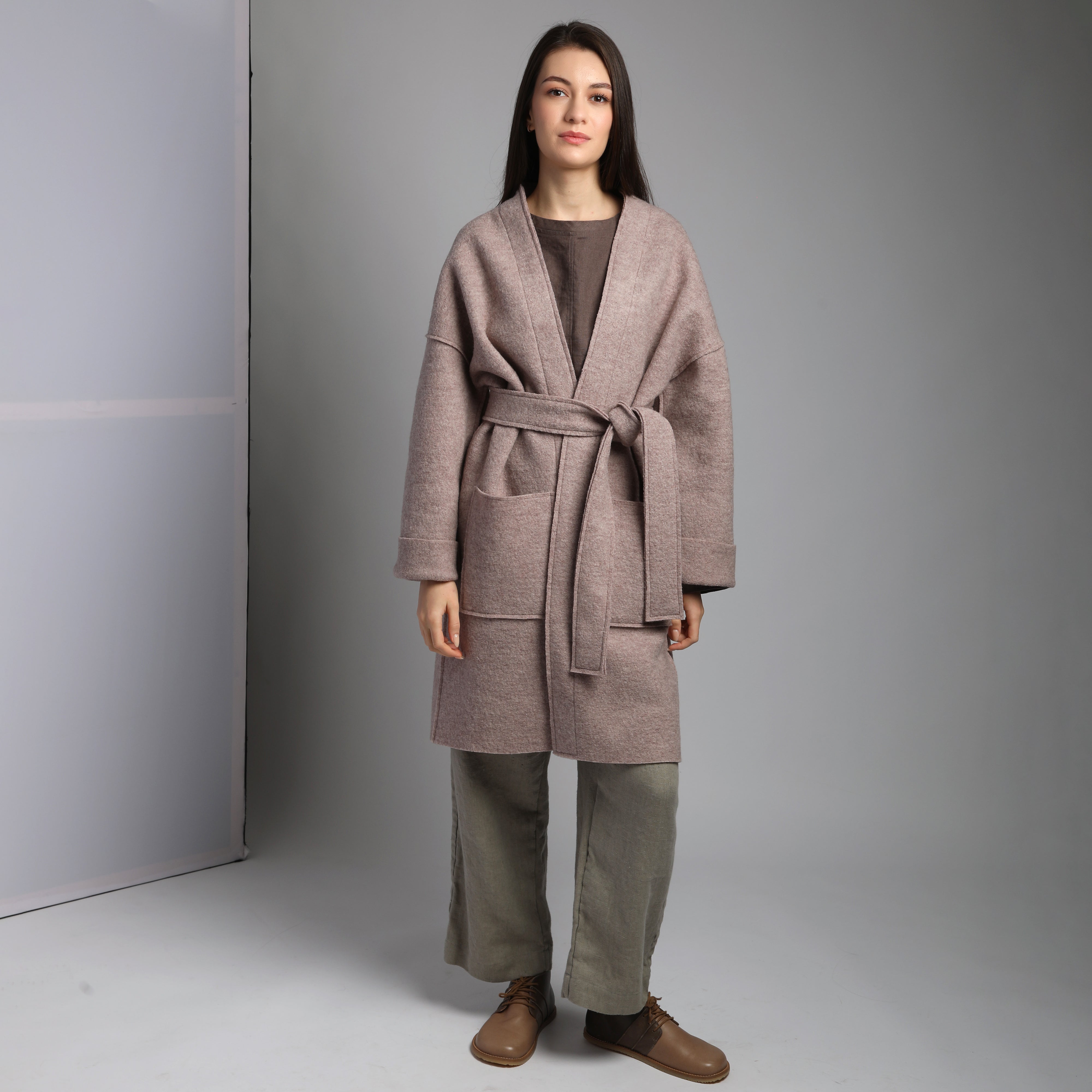 HAZEL Collarless Unlined Longline Boiled Wool Coat