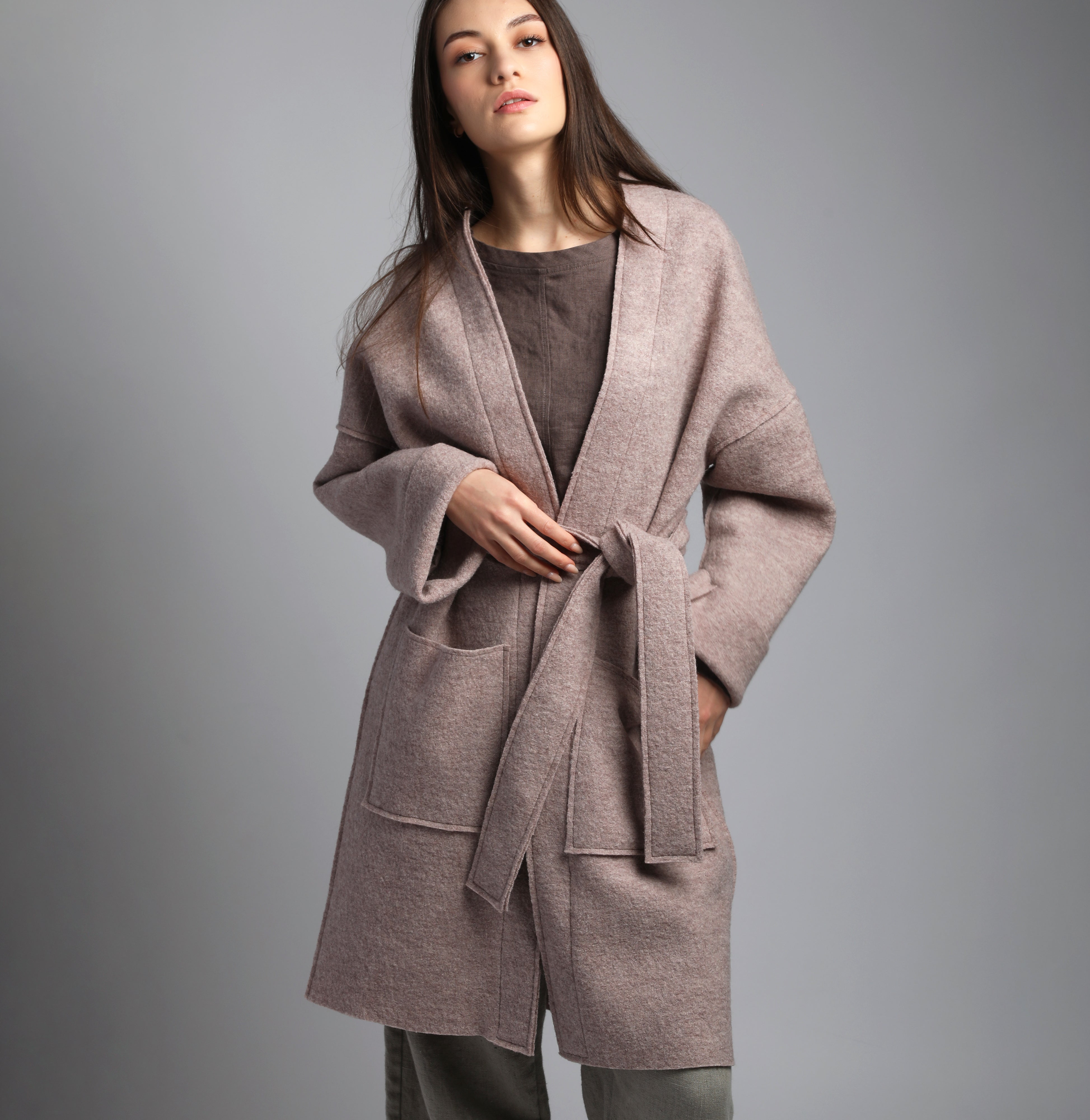 HAZEL Collarless Unlined Longline Boiled Wool Coat
