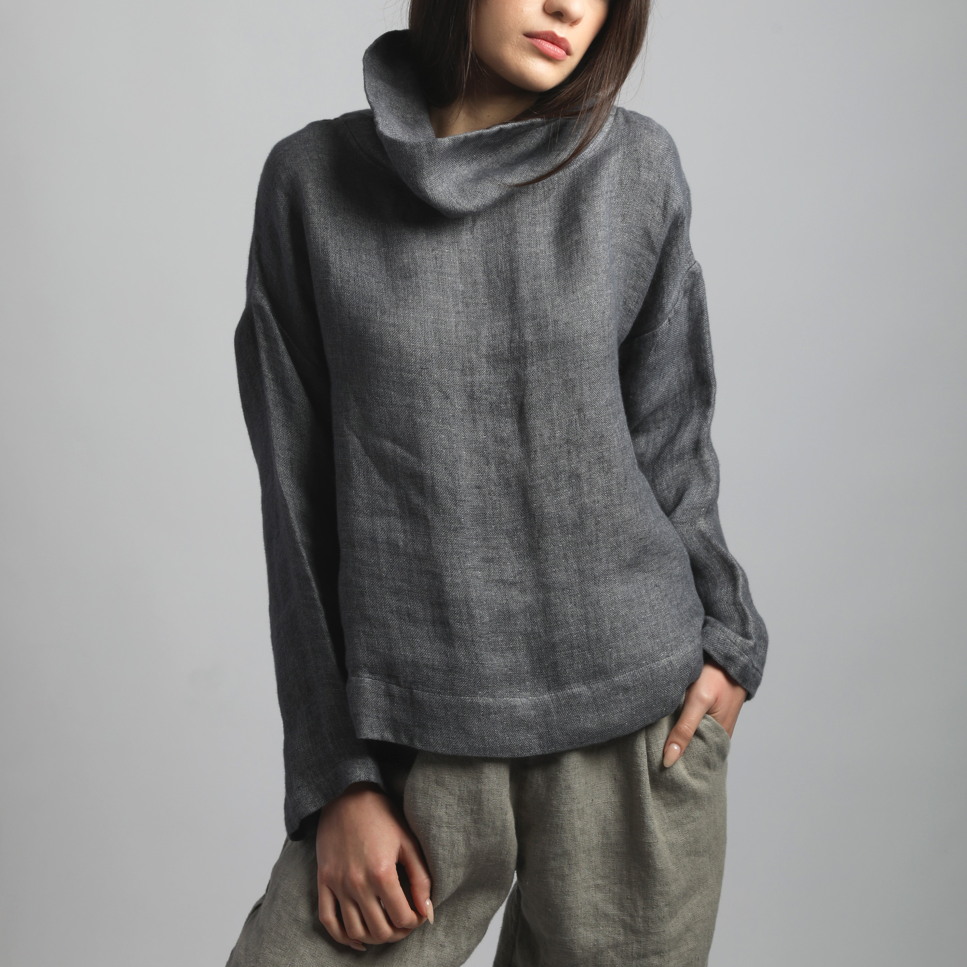 ASTOR Loose High Neck Double Layered Linen Top