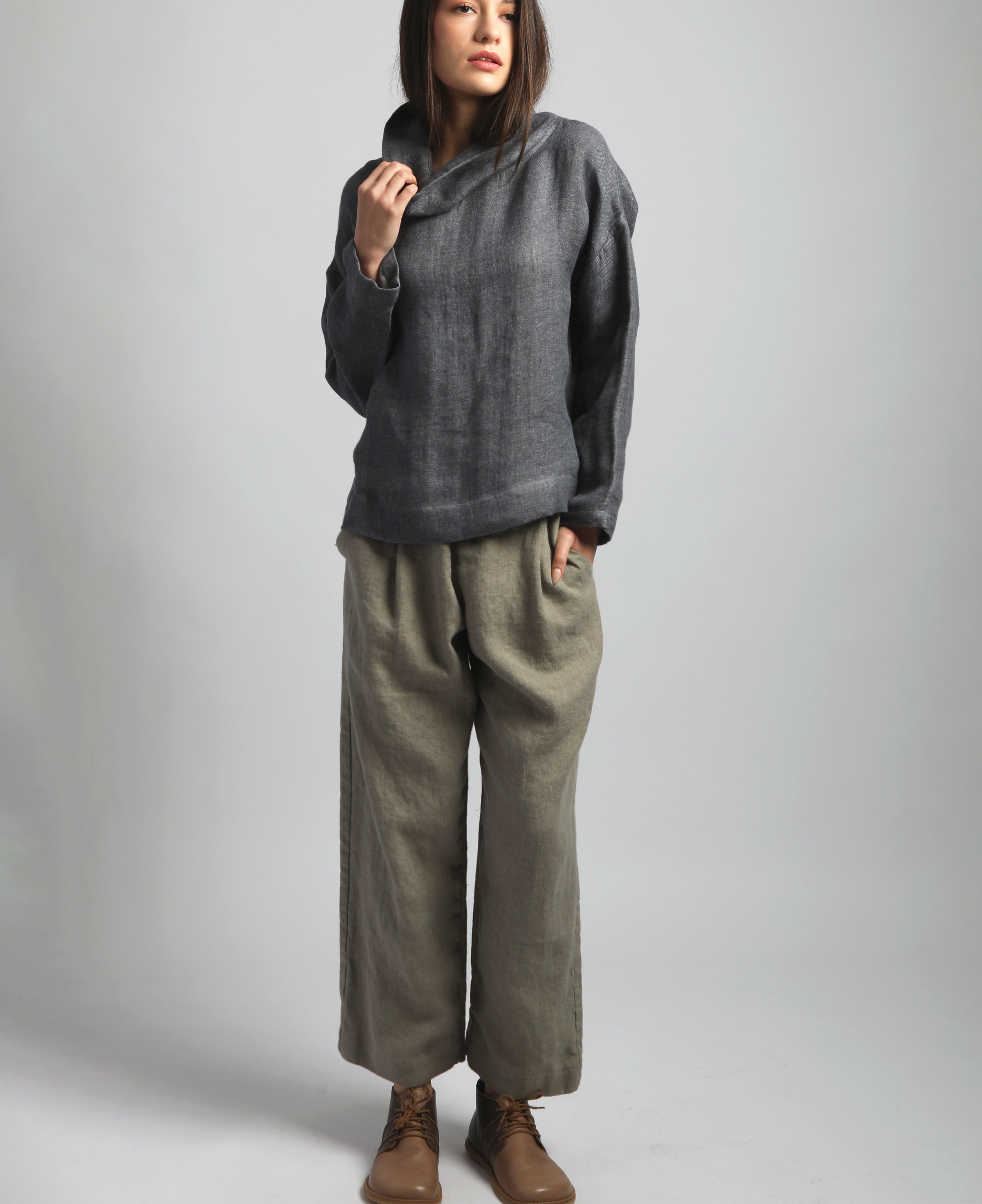 ASTOR Loose High Neck Double Layered Linen Top