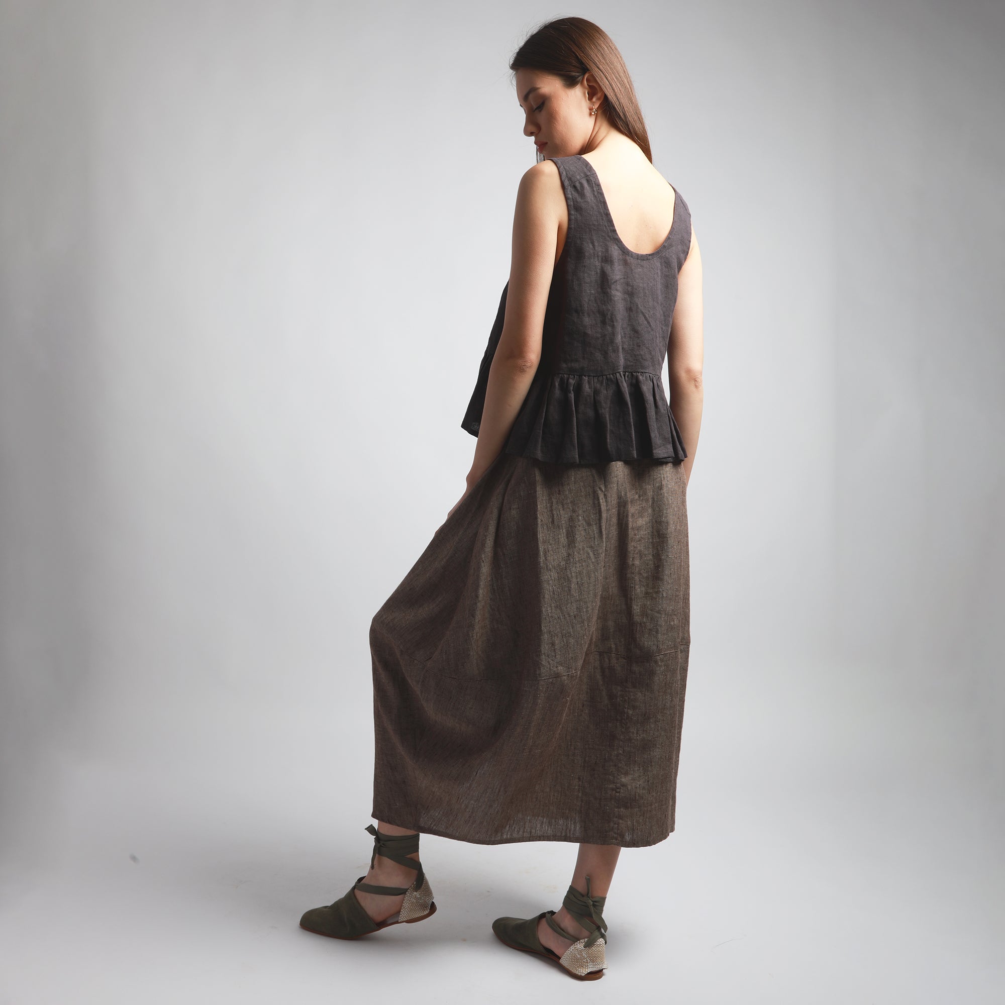 KORY  Linen Top with Ruffles - Sizes XS, S - Color DARK CHOCOLATE