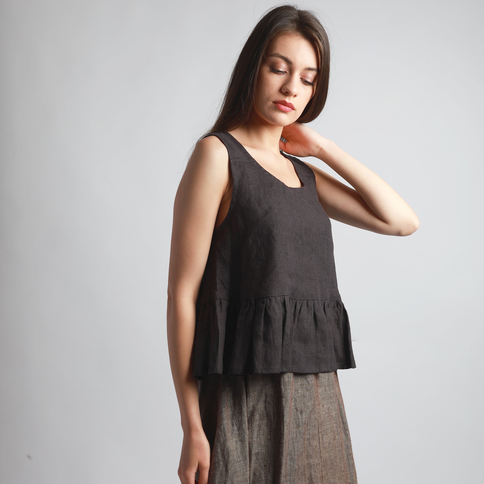KORY  Linen Top with Ruffles - Sizes XS, S - Color DARK CHOCOLATE