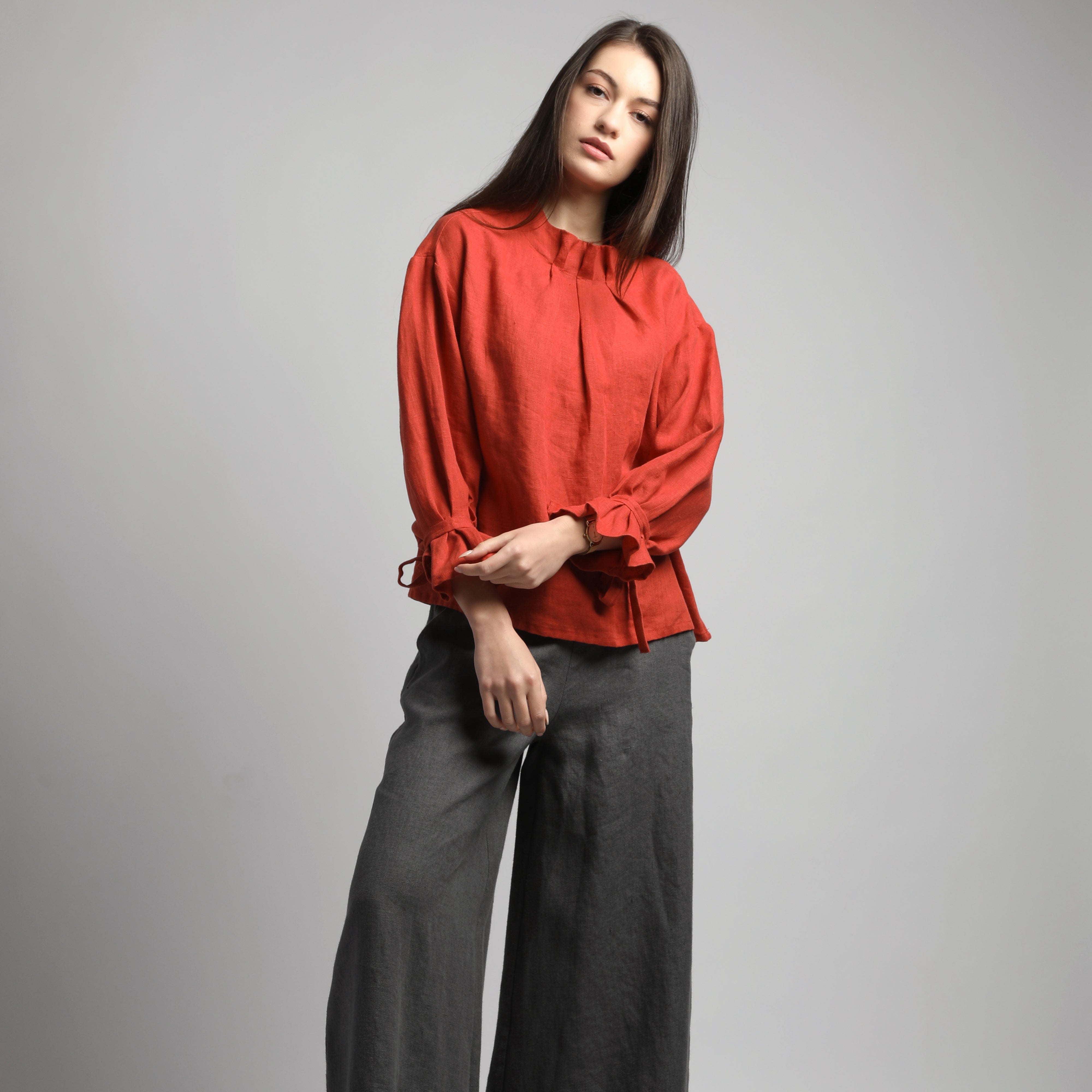 YARA Loose Linen Shirt with Gathered Neck