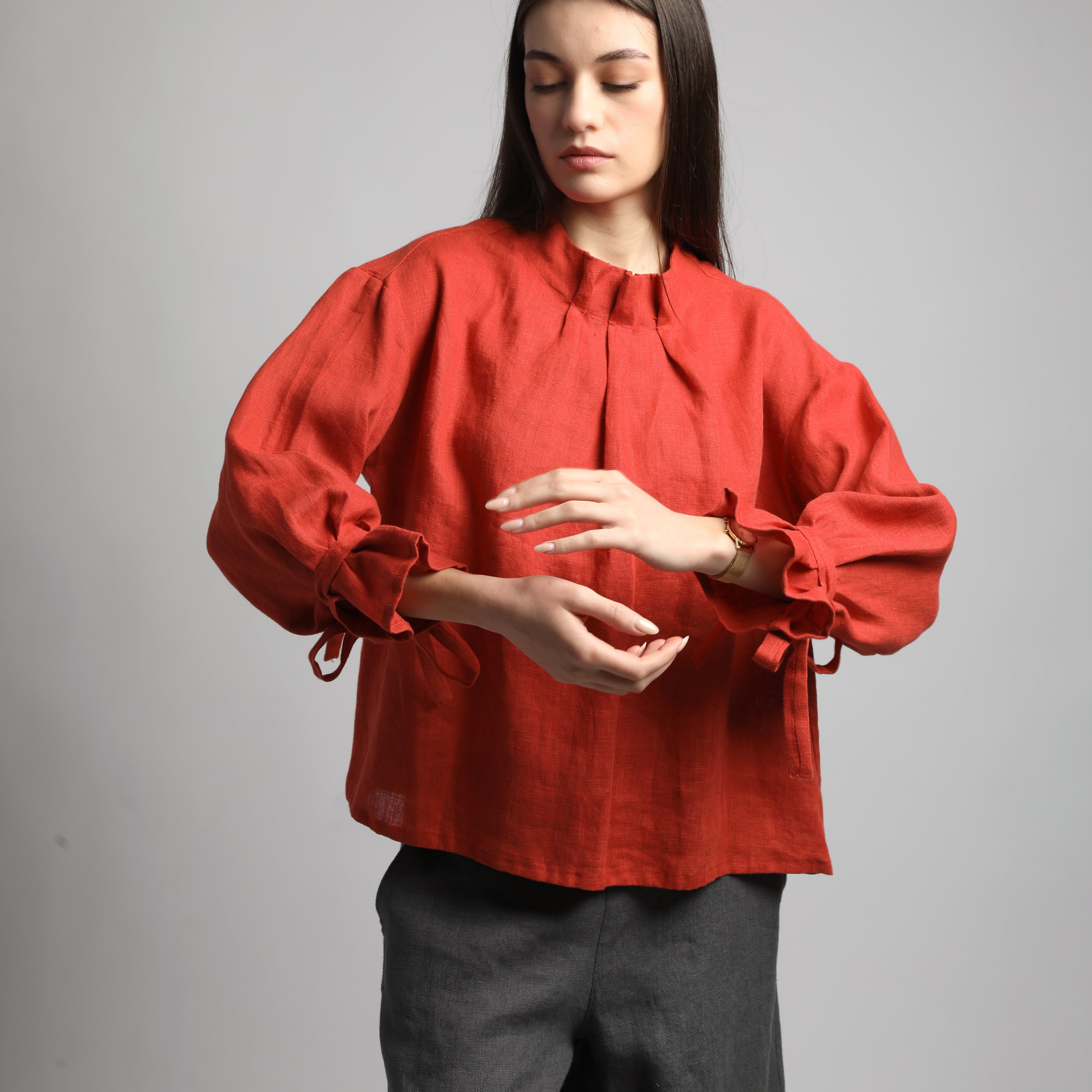 YARA Loose Linen Shirt with Gathered Neck