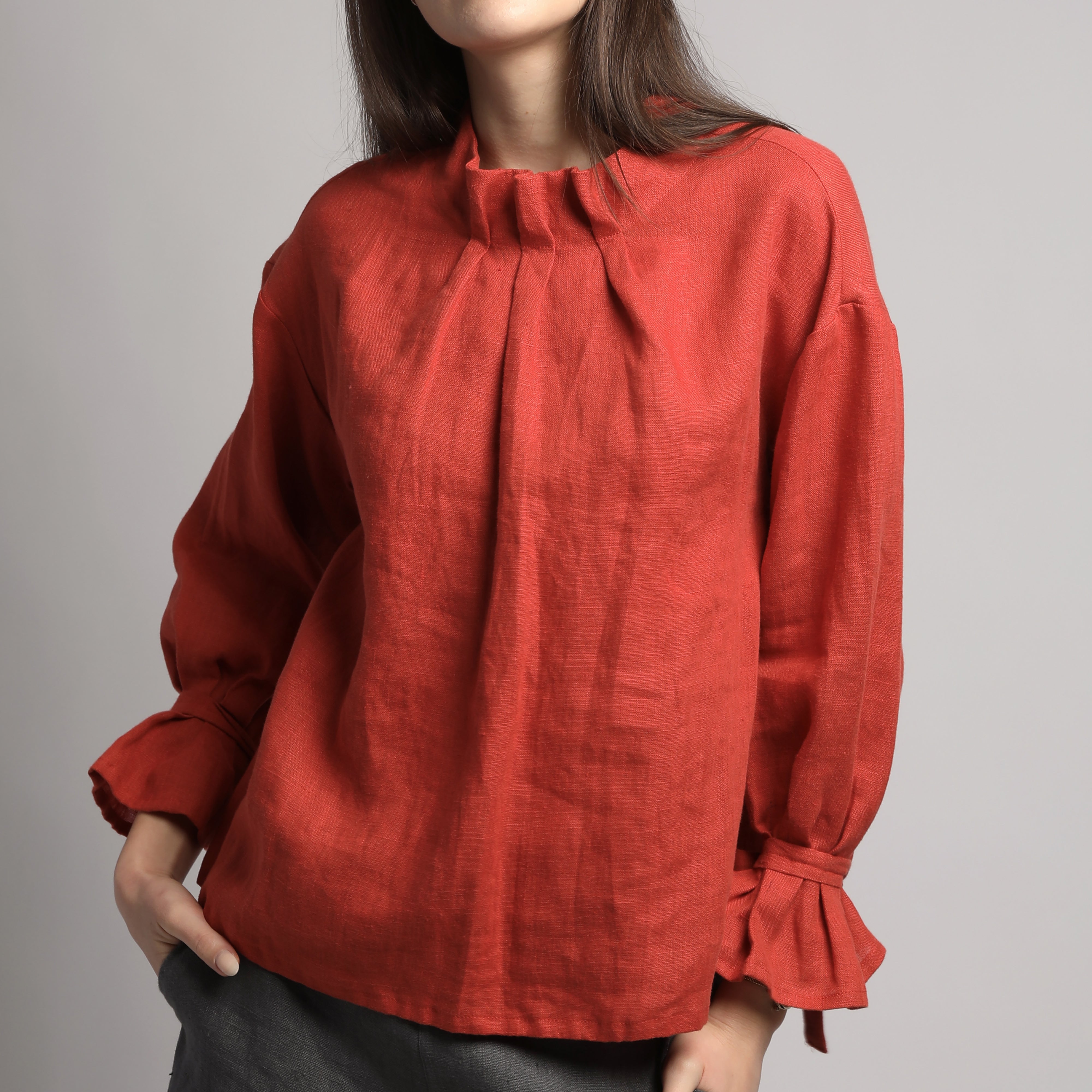 YARA Loose Linen Shirt with Gathered Neck