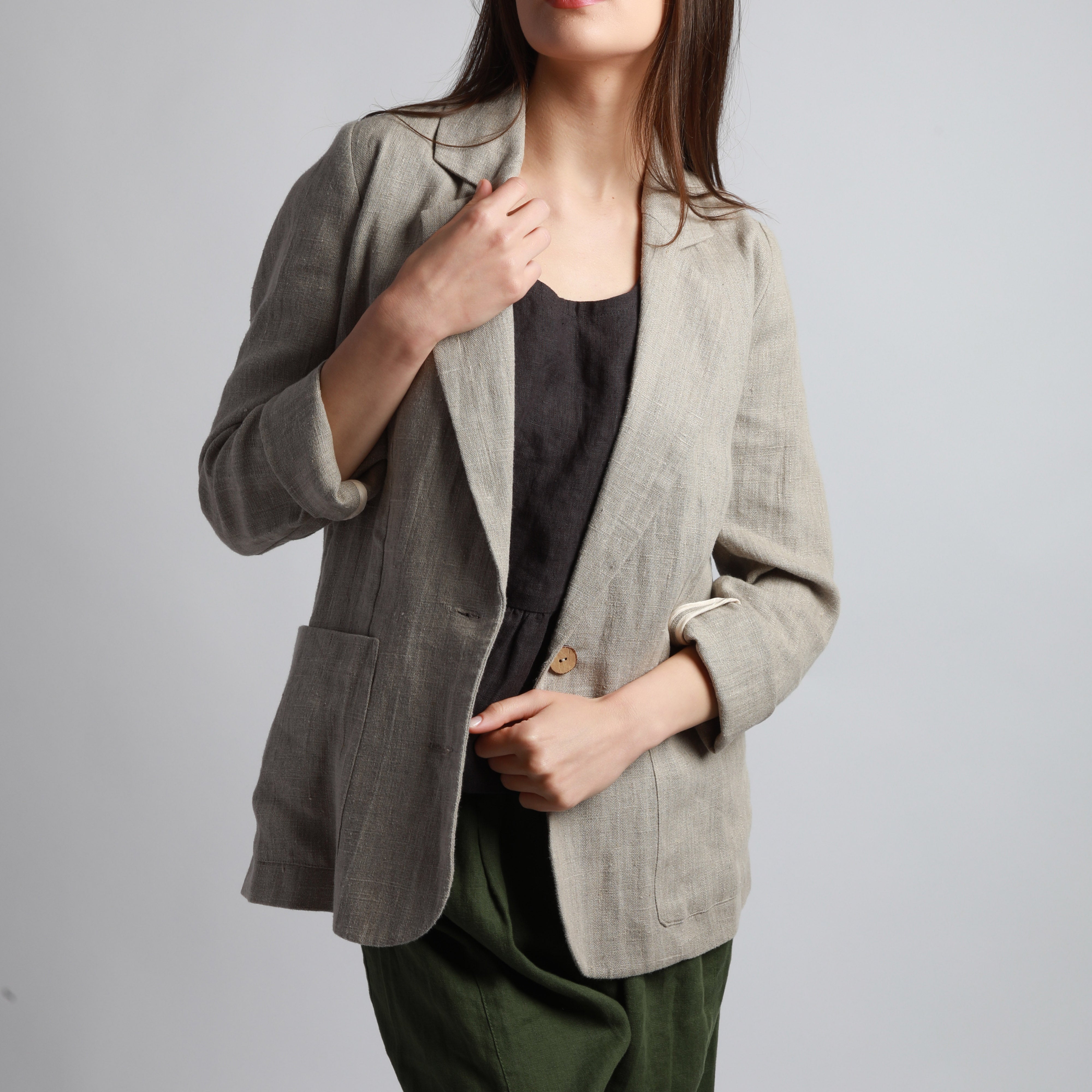 SUNSET Unlined Fitted Linen Blazer - Size L - Color NATURAL
