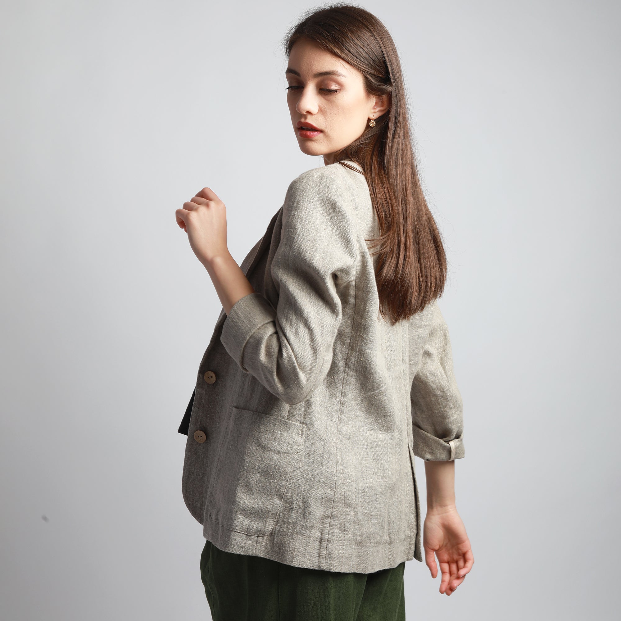 SUNSET Unlined Fitted Linen Blazer, Size L, Color NATURAL