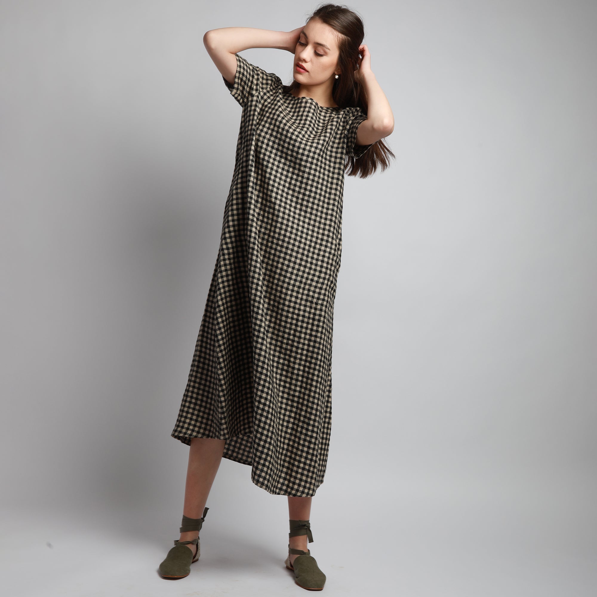 ZOE Maxi Linen Dress with Short Sleeves - Size M - Color DARK BLUE