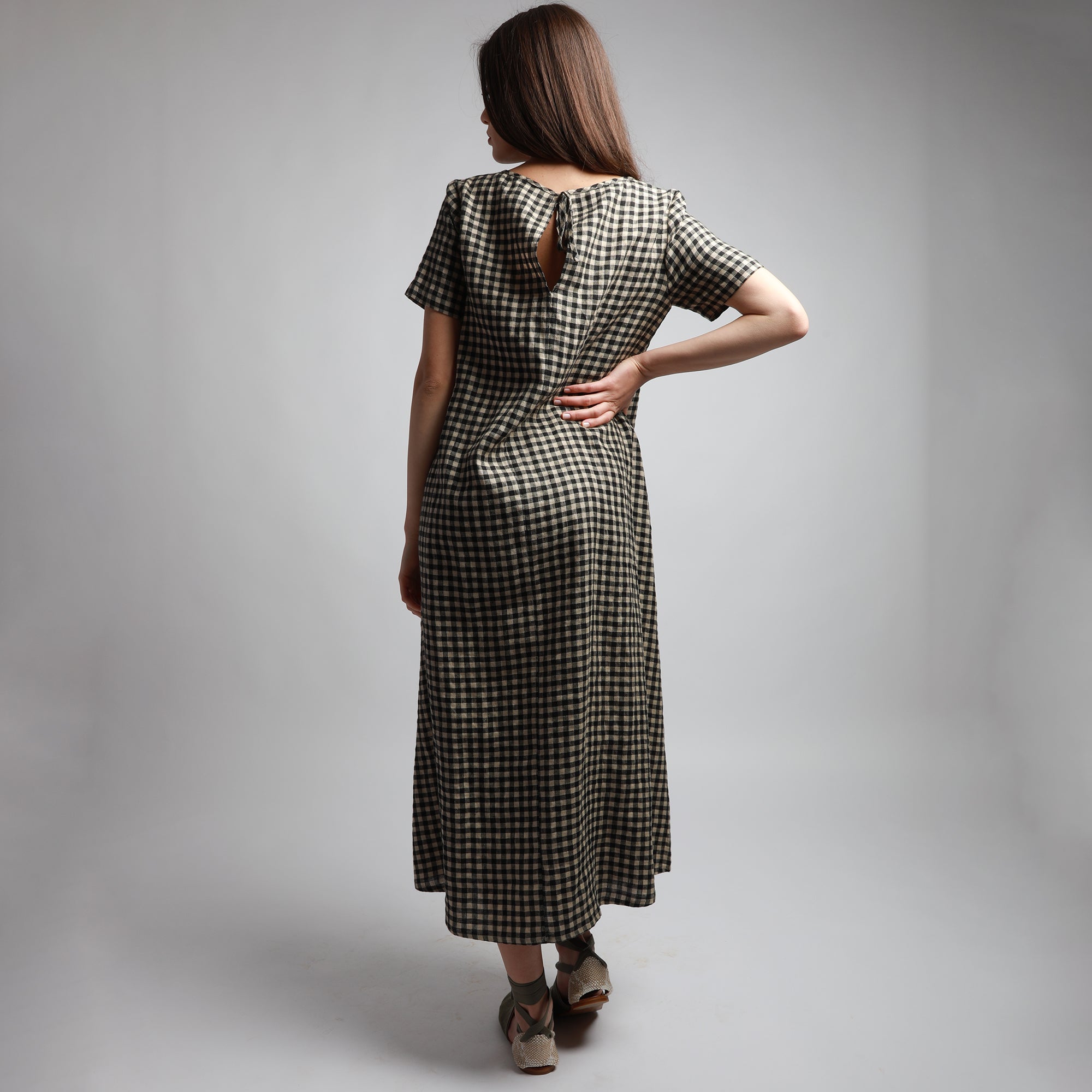 ZOE Maxi Linen Dress with Short Sleeves - Size M - Color DARK BLUE