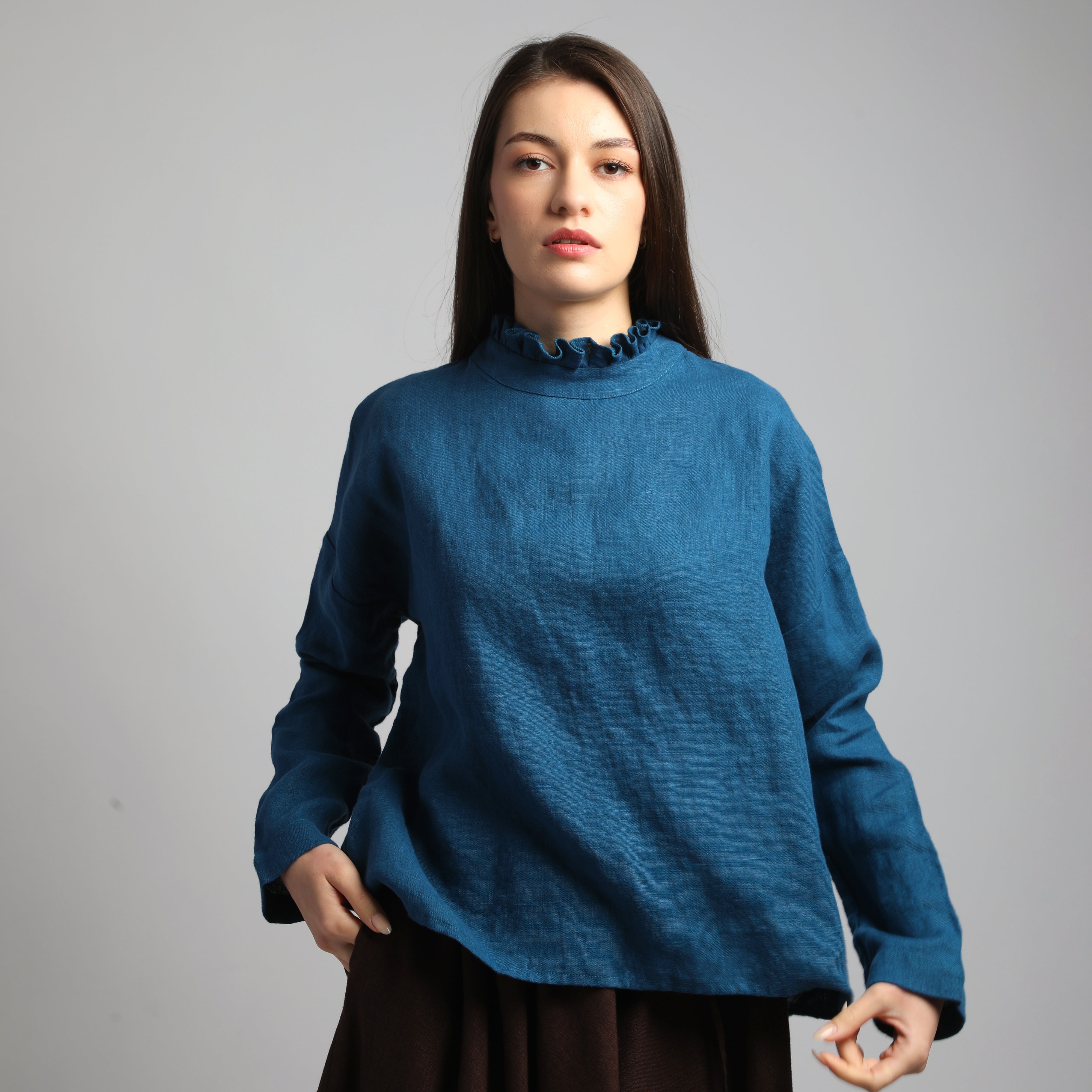 JOAN Linen Blouse wiith Ruffled Neck - Sizes XS, S - Color DEEP TURQUOISE
