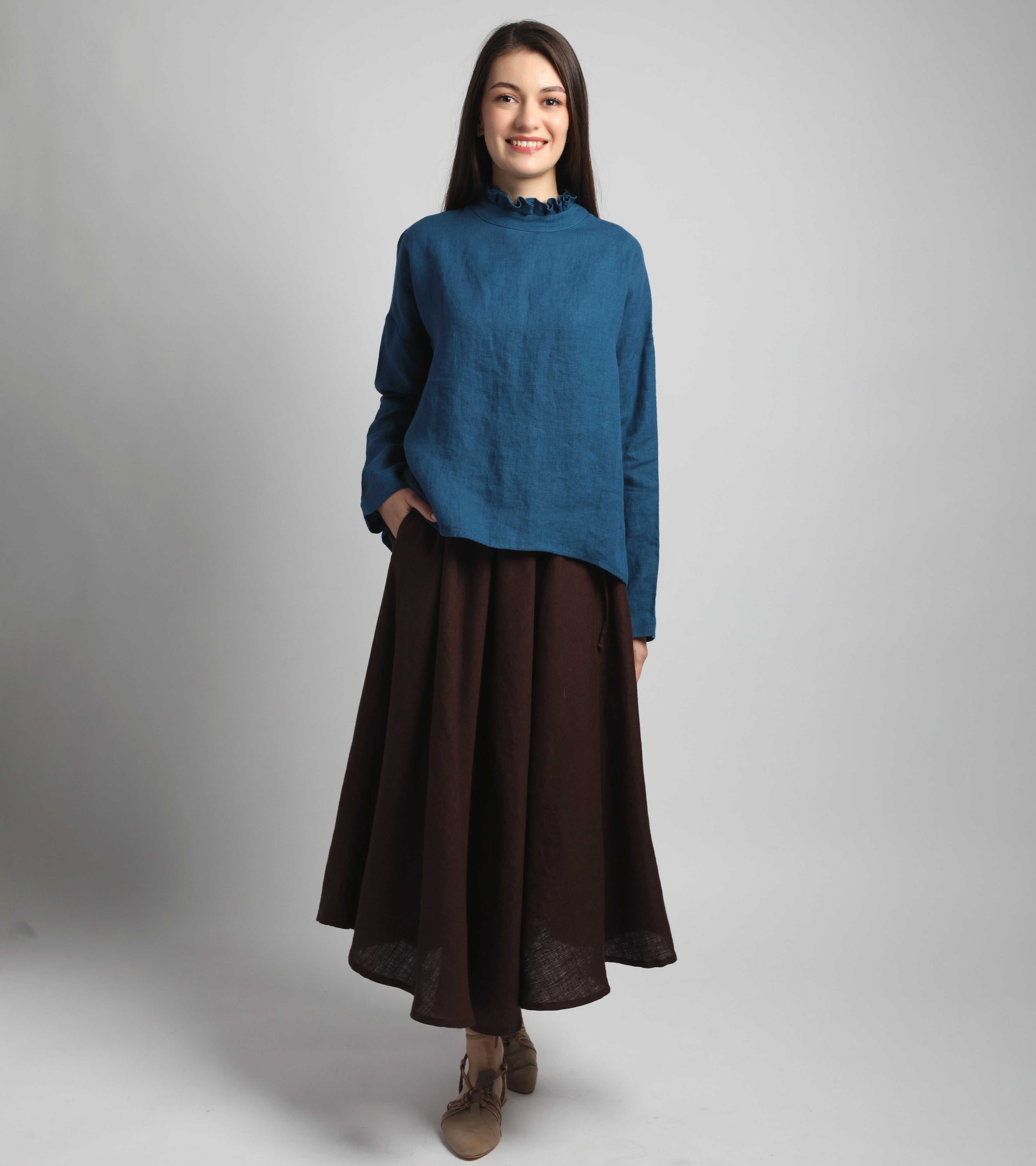 JOAN Linen Blouse wiith Ruffled Neck - Sizes XS, S - Color DEEP TURQUOISE