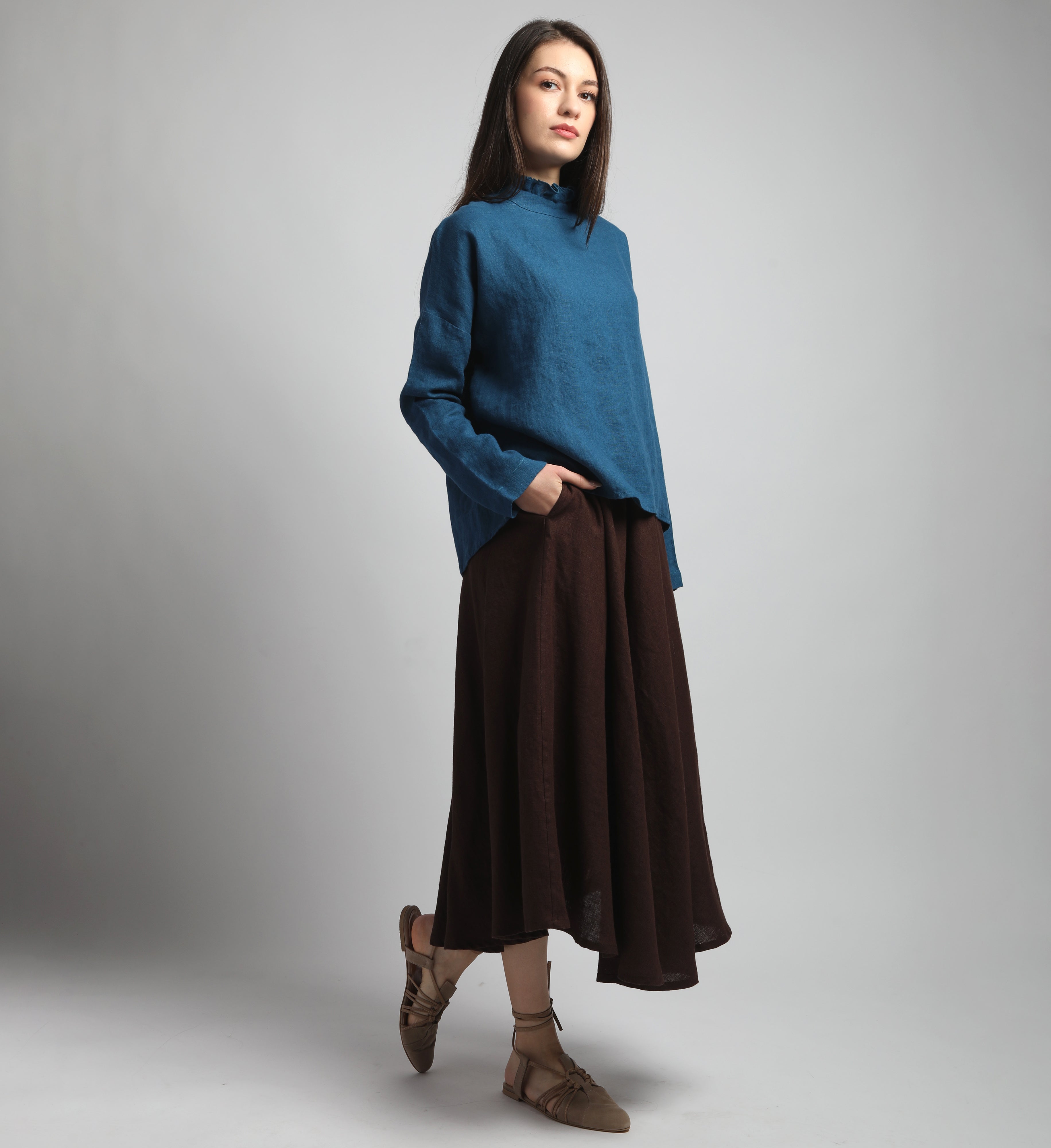 NOMADE Midi Linen Circle Skirt - Size XS, S - Color DARK CHOCOLATE