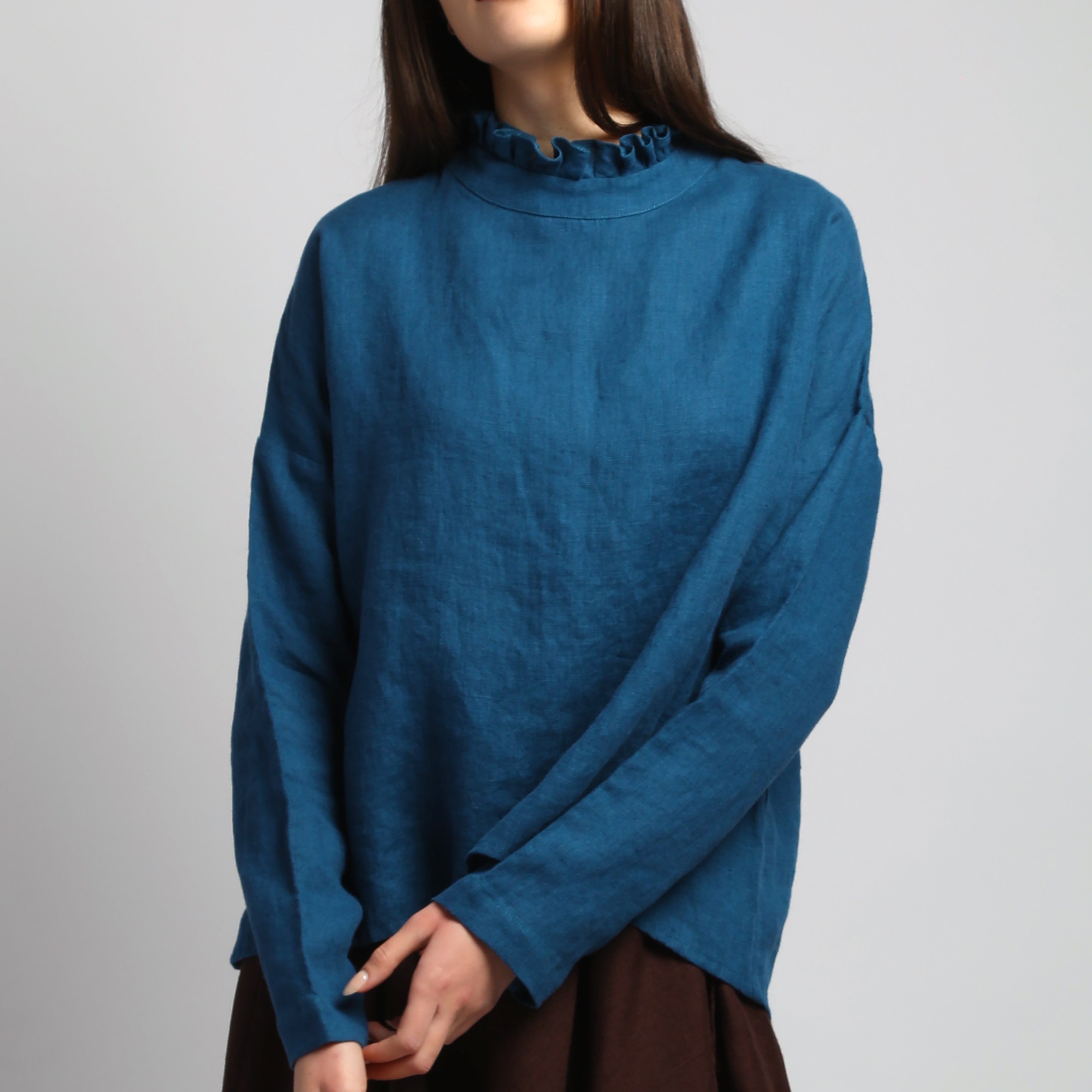 JOAN Long Sleeve Linen Blouse wiith Ruffled Neck